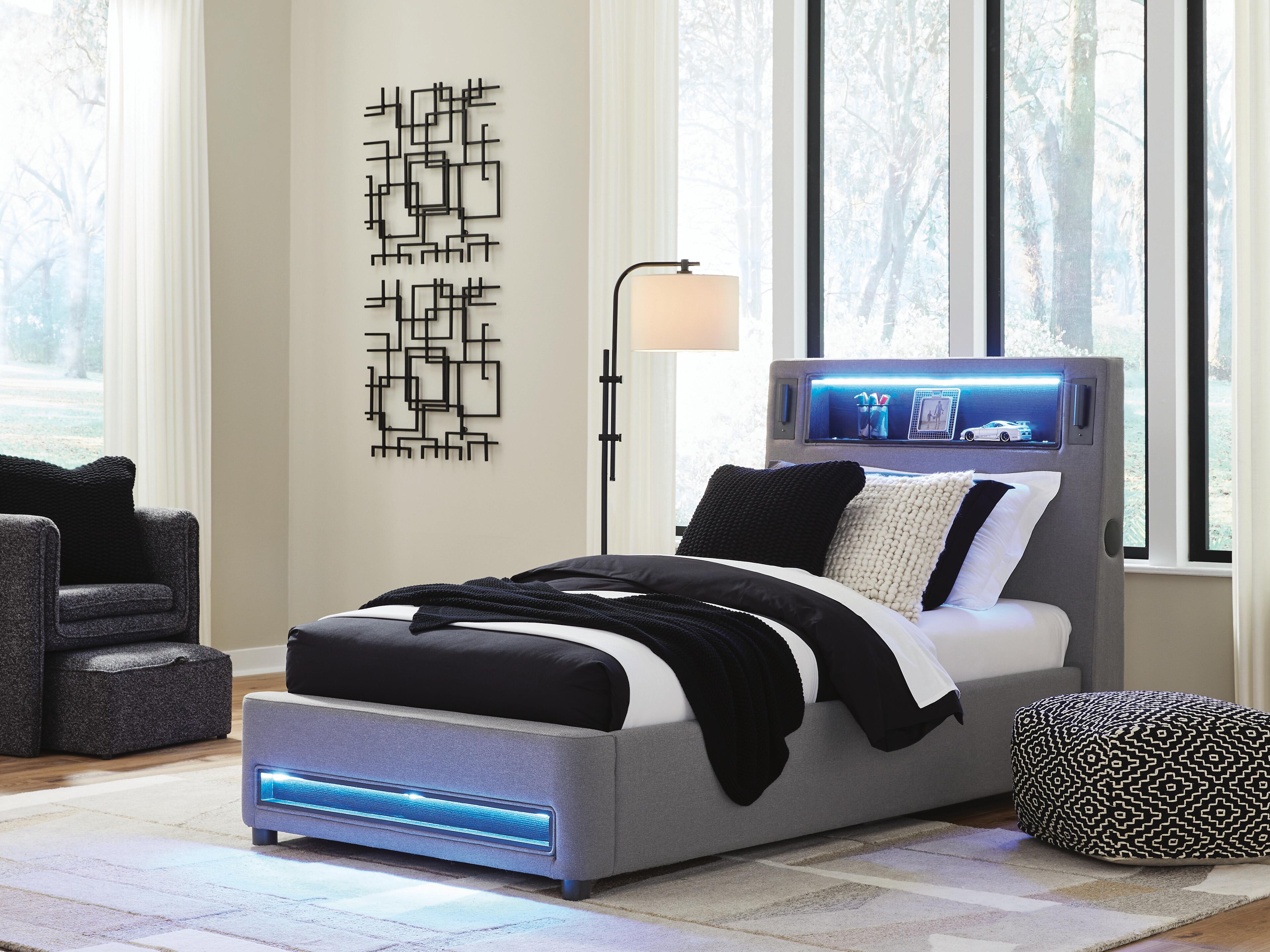 Dar Furniture - Ashley Furniture - Verishaw Twin Upholstered Bed with Wireless Audio - Twin Upholstered Bed with Wireless Audio / Gray - PCB2721B23