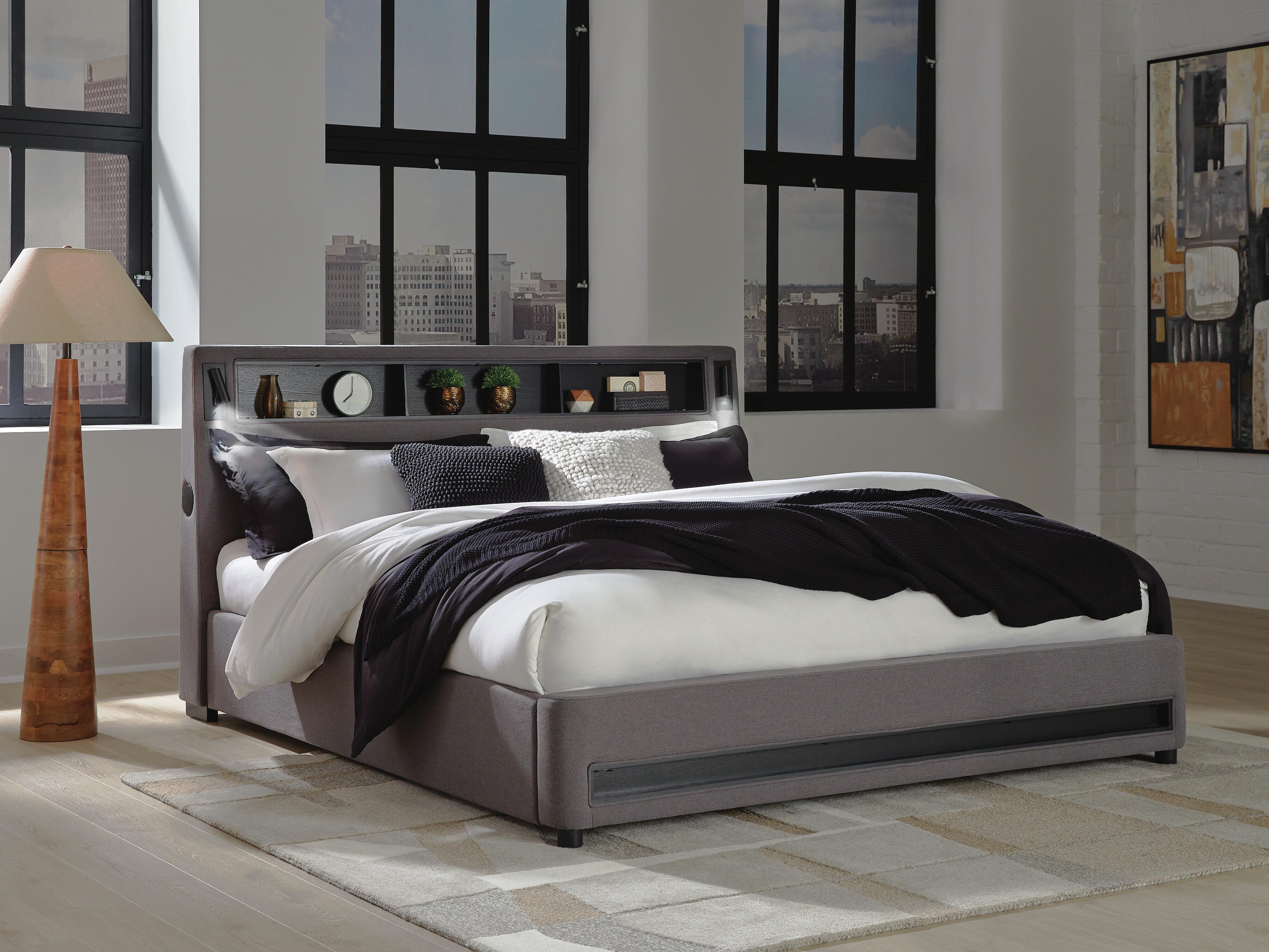 Dar Furniture - Ashley Furniture - Verishaw California King Upholstered Bed with Wireless Audio - California King Upholstered Bed with Wireless Audio / Gray - PCB2721B22