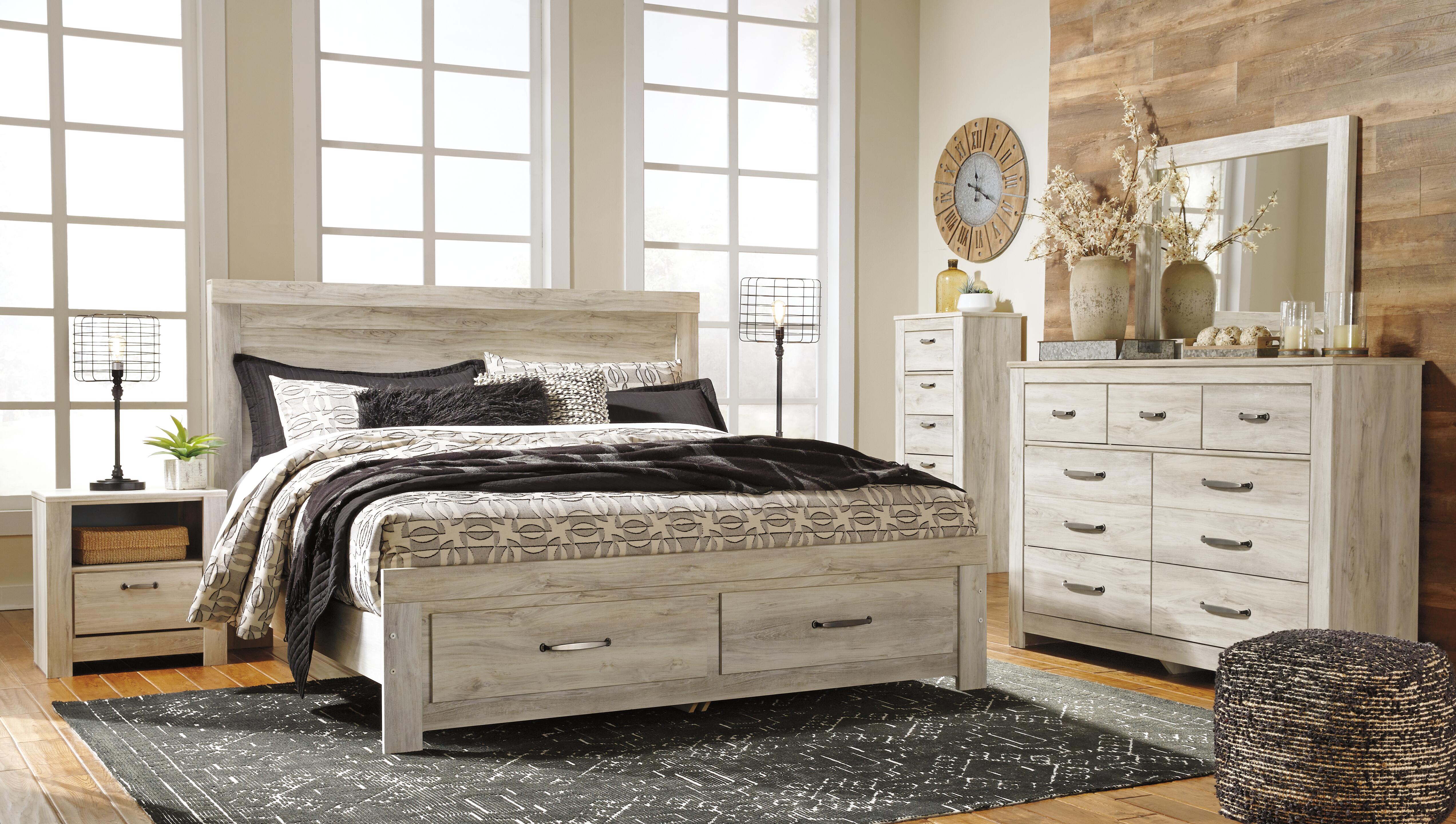 Dar Furniture - Ashley Furniture - Bellaby King Platform Bed with 2 Storage Drawers - King Platform Bed with 2 Storage Drawers / Whitewash - B331B9