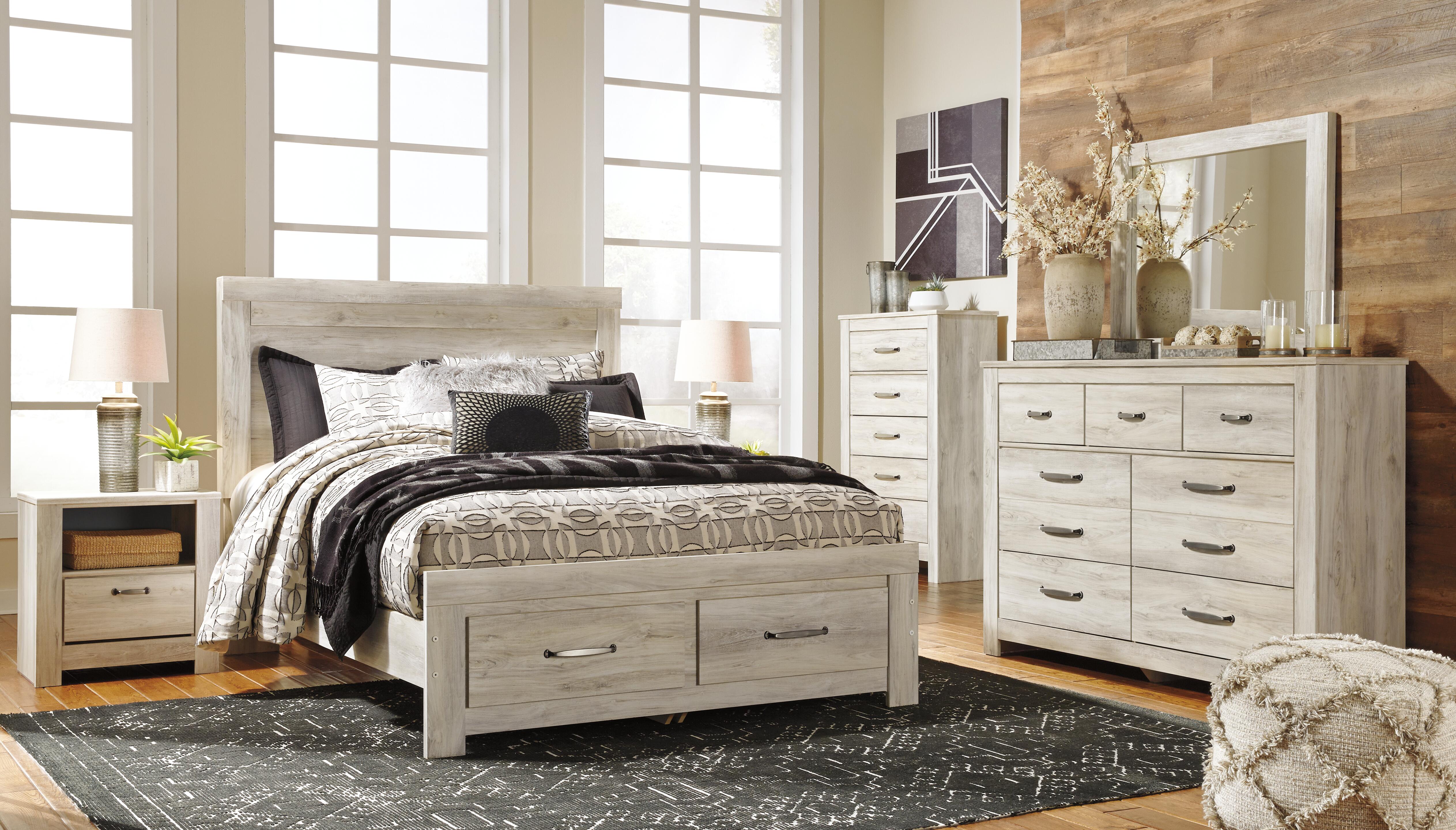 Dar Furniture - Ashley Furniture - Bellaby Queen Platform Bed with 2 Storage Drawers - Queen Platform Bed with 2 Storage Drawers / Whitewash - B331B4