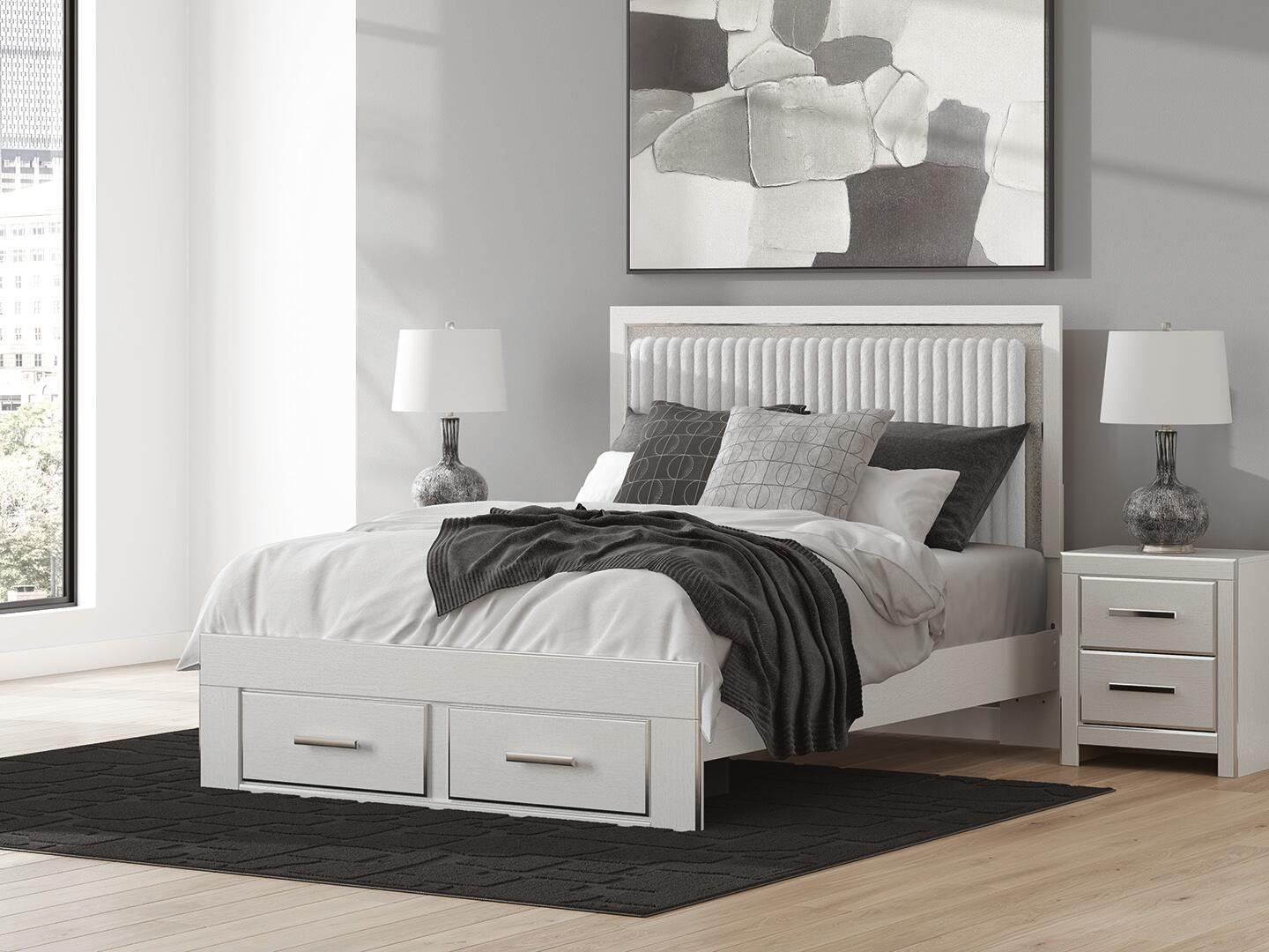 Dar Furniture - Ashley Furniture - Zuraleus Queen Upholstered Panel Platform Storage Bed - Queen Upholstered Panel Platform Storage Bed / White - PCB3381B4