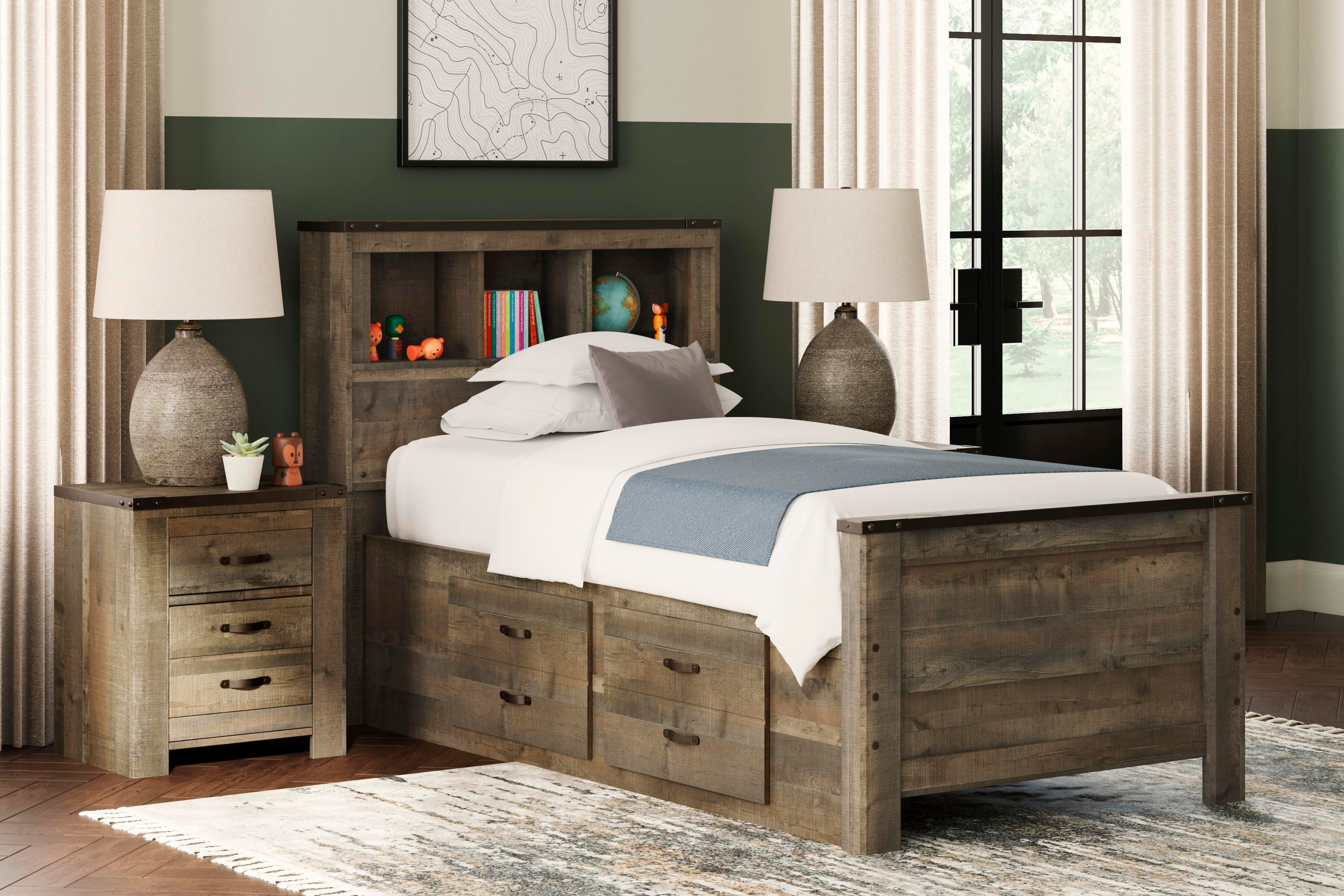 Dar Furniture - Ashley Furniture - Trinell Twin Bookcase Bed with 2 Storage Drawers - Twin Bookcase Bed with 2 Storage Drawers / Brown - B446B17