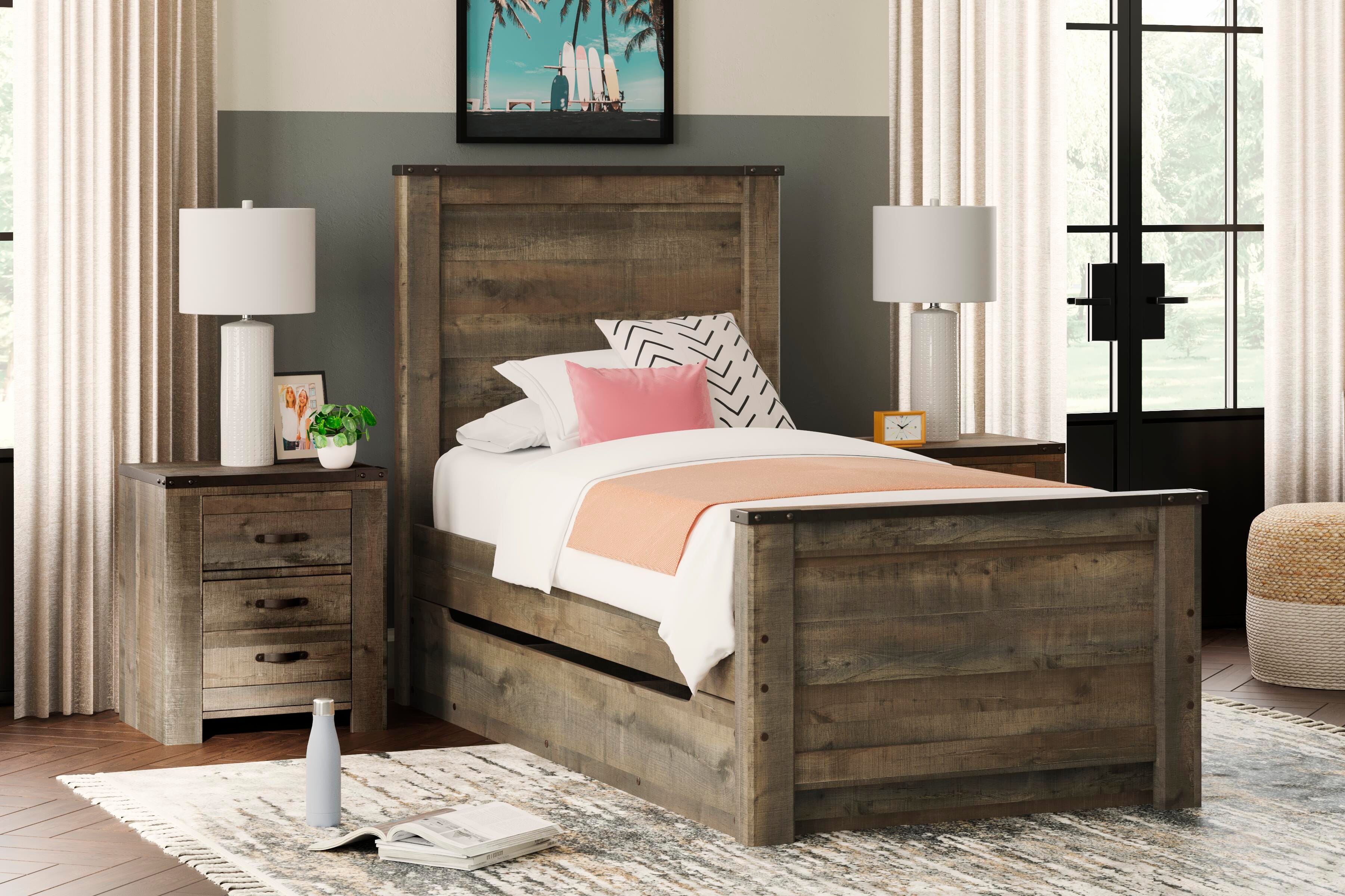 Dar Furniture - Ashley Furniture - Trinell Twin Panel Bed with 1 Large Storage Drawer - Twin Panel Bed with 1 Large Storage Drawer / Brown - B446B8