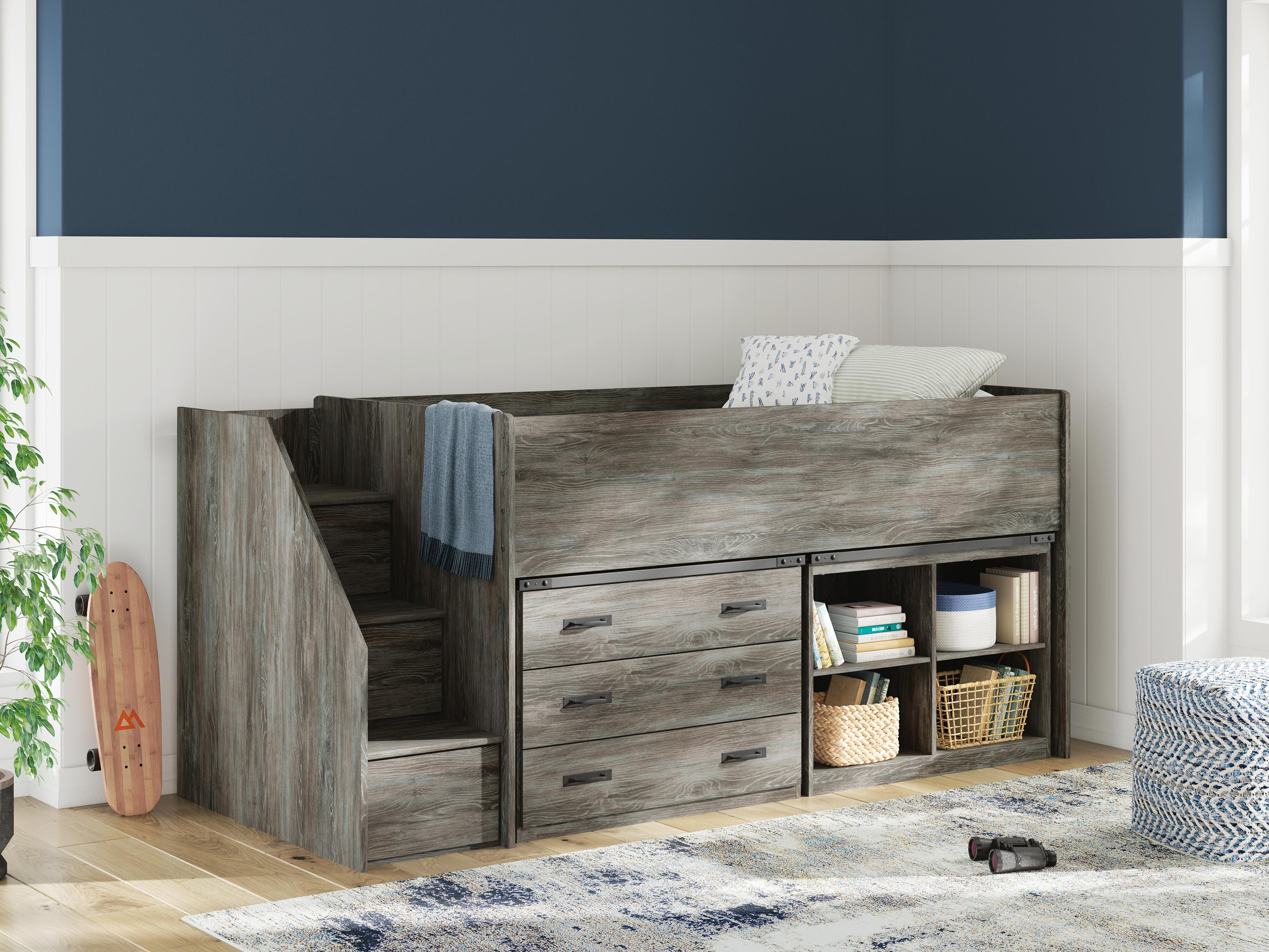 Dar Furniture - Ashley Furniture - Frandern Twin Loft  Bed with Bookcase and Drawer Storage - Twin Loft  Bed with Bookcase and Drawer Storage / Gray - B4480B16