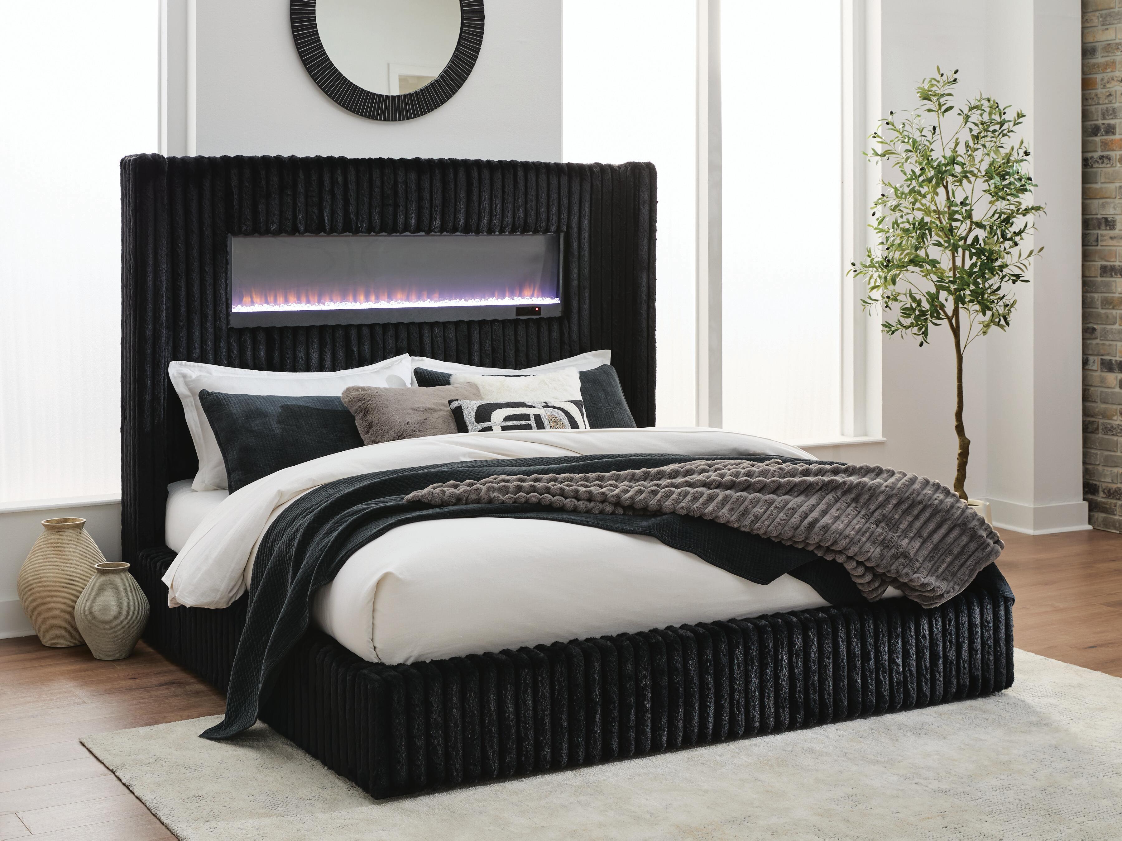 Dar Furniture - Ashley Furniture - Tayleena King Upholstered Bed with Fireplace and Wireless Audio - King Upholstered Bed with Fireplace and Wireless Audio / Black - PCB620B2