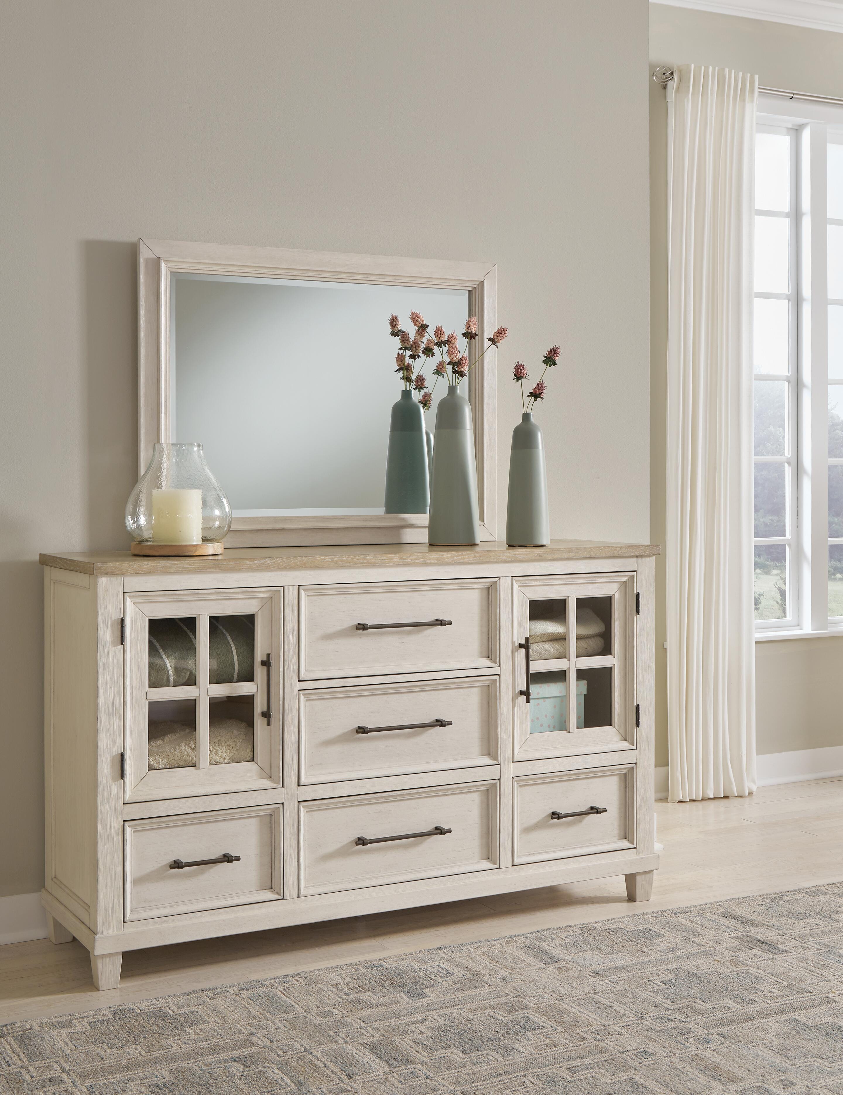 Dar Furniture - Ashley Furniture - Shaybrock Dresser and Mirror - Dresser and Mirror / Antique White/Brown - B683B1