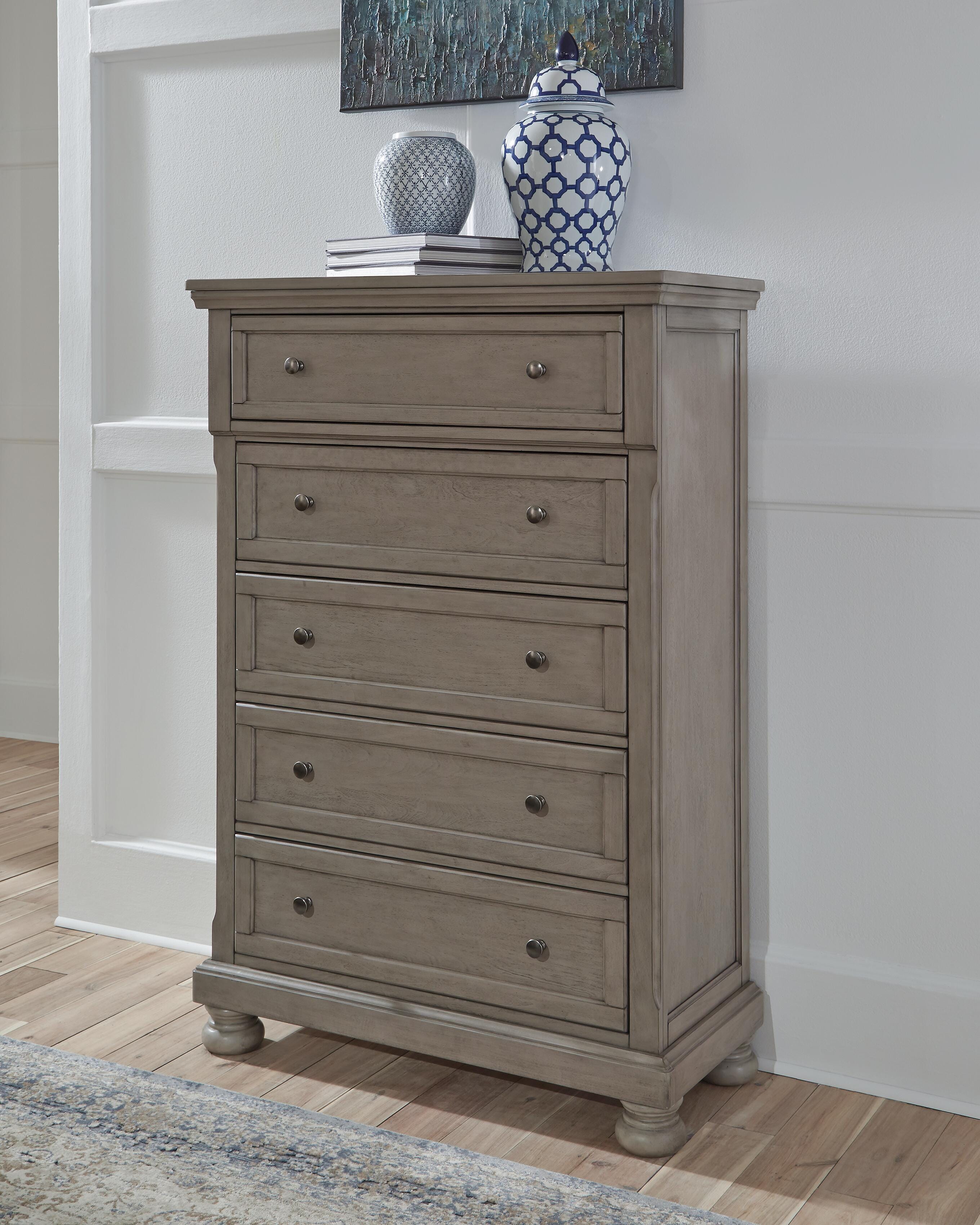 Dar Furniture - Ashley Furniture - Lettner Chest of Drawers - Five Drawer Chest / Light Gray - B733-46