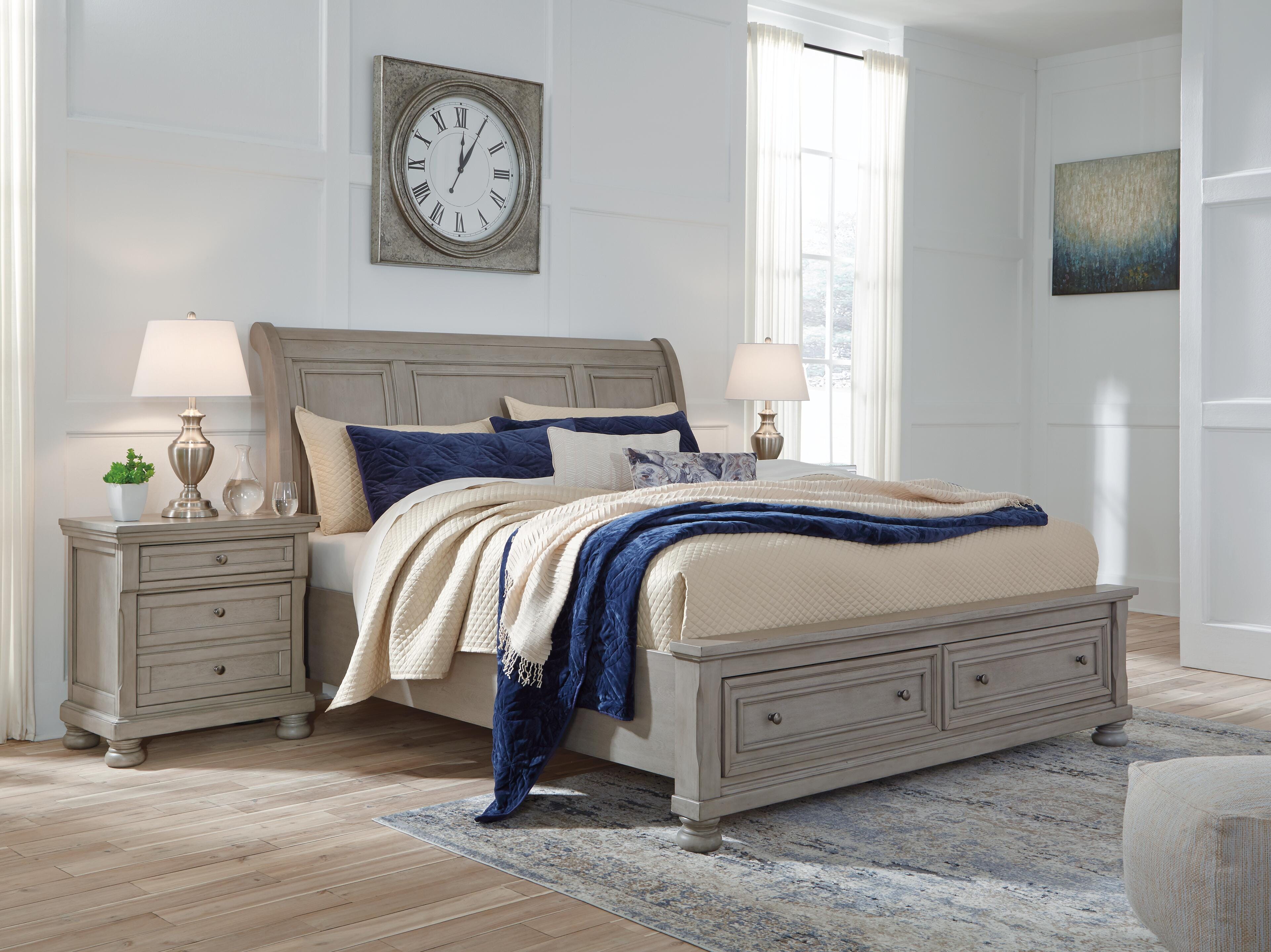 Dar Furniture - Ashley Furniture - Lettner Queen Sleigh Bed with 2 Storage Drawers - Queen Sleigh Bed with 2 Storage Drawers / Light Gray - B733B3