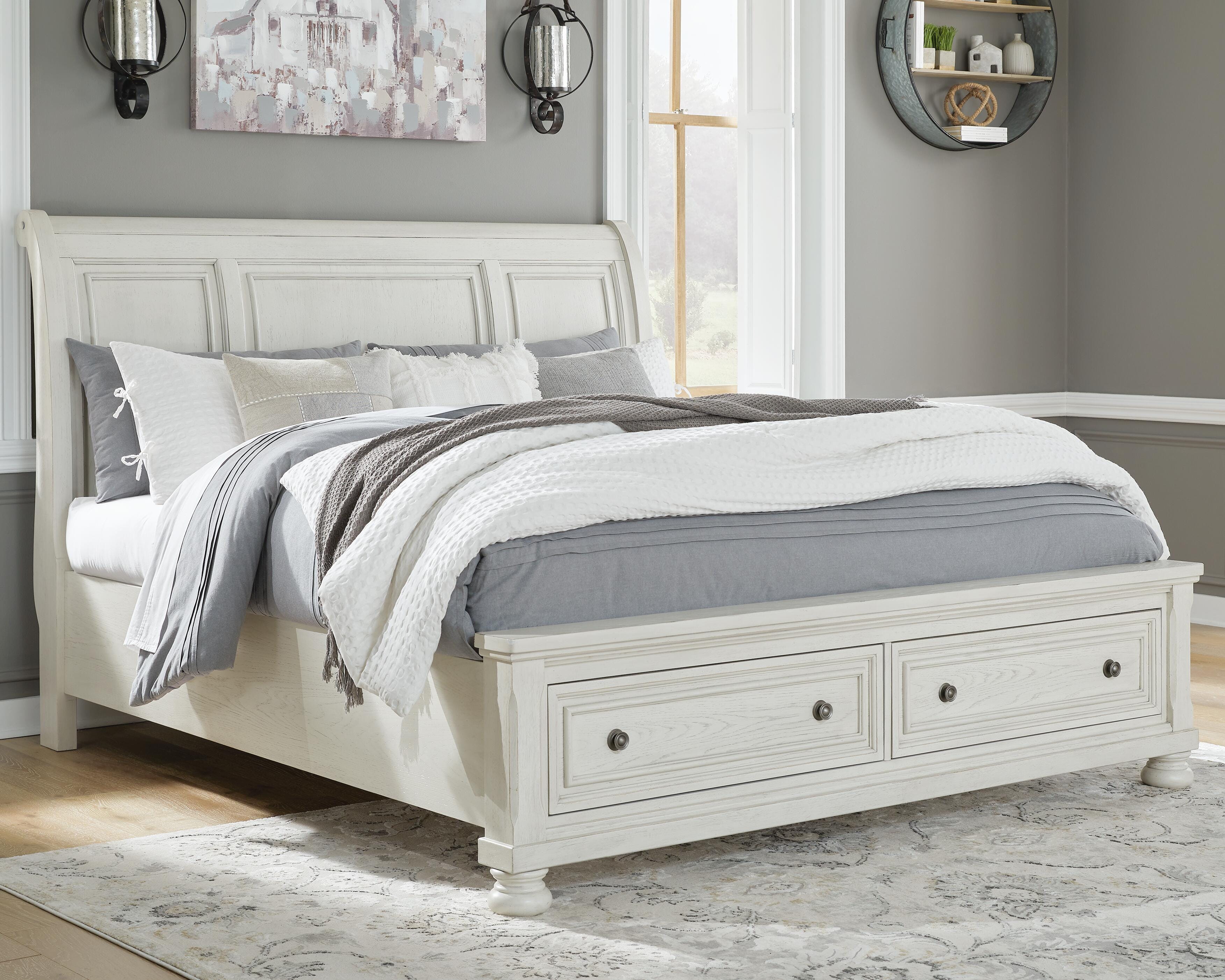Dar Furniture - Ashley Furniture - Robbinsdale California King Sleigh Bed with Storage - California King Sleigh Bed with Storage / Antique White - B742B9