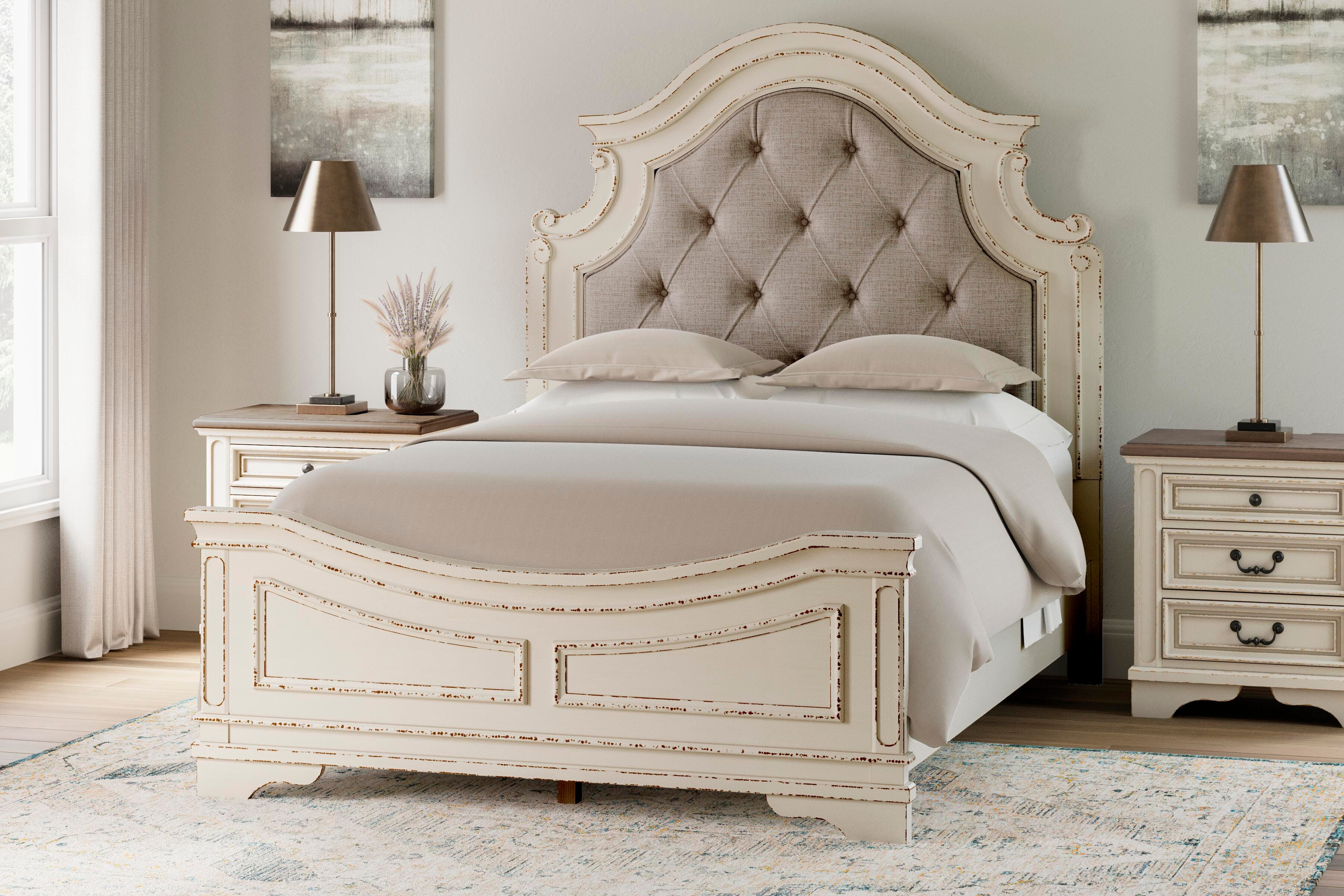 Dar Furniture - Ashley Furniture - Realyn Queen Upholstered Panel Bed - Queen Upholstered Panel Bed / Chipped White - B743B2
