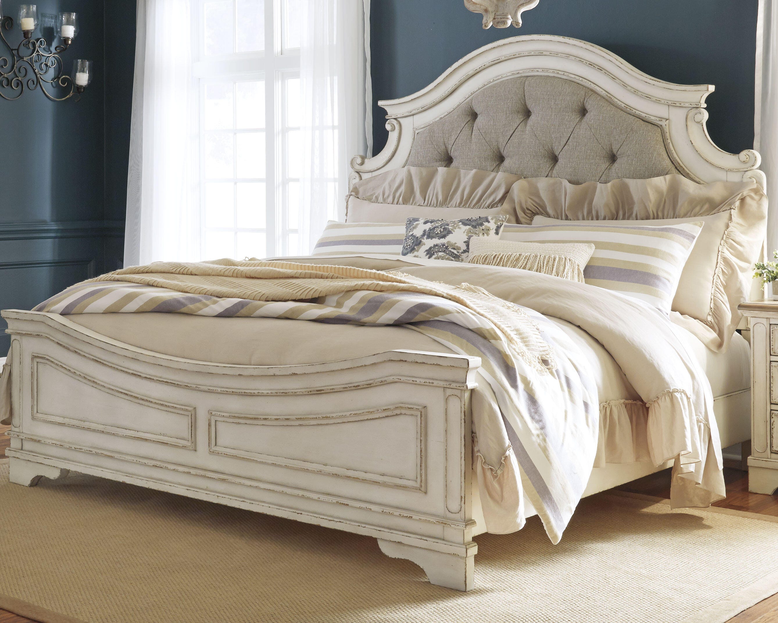 Dar Furniture - Ashley Furniture - Realyn California King Upholstered Panel Bed - California King Upholstered Panel Bed / Chipped White - B743B7