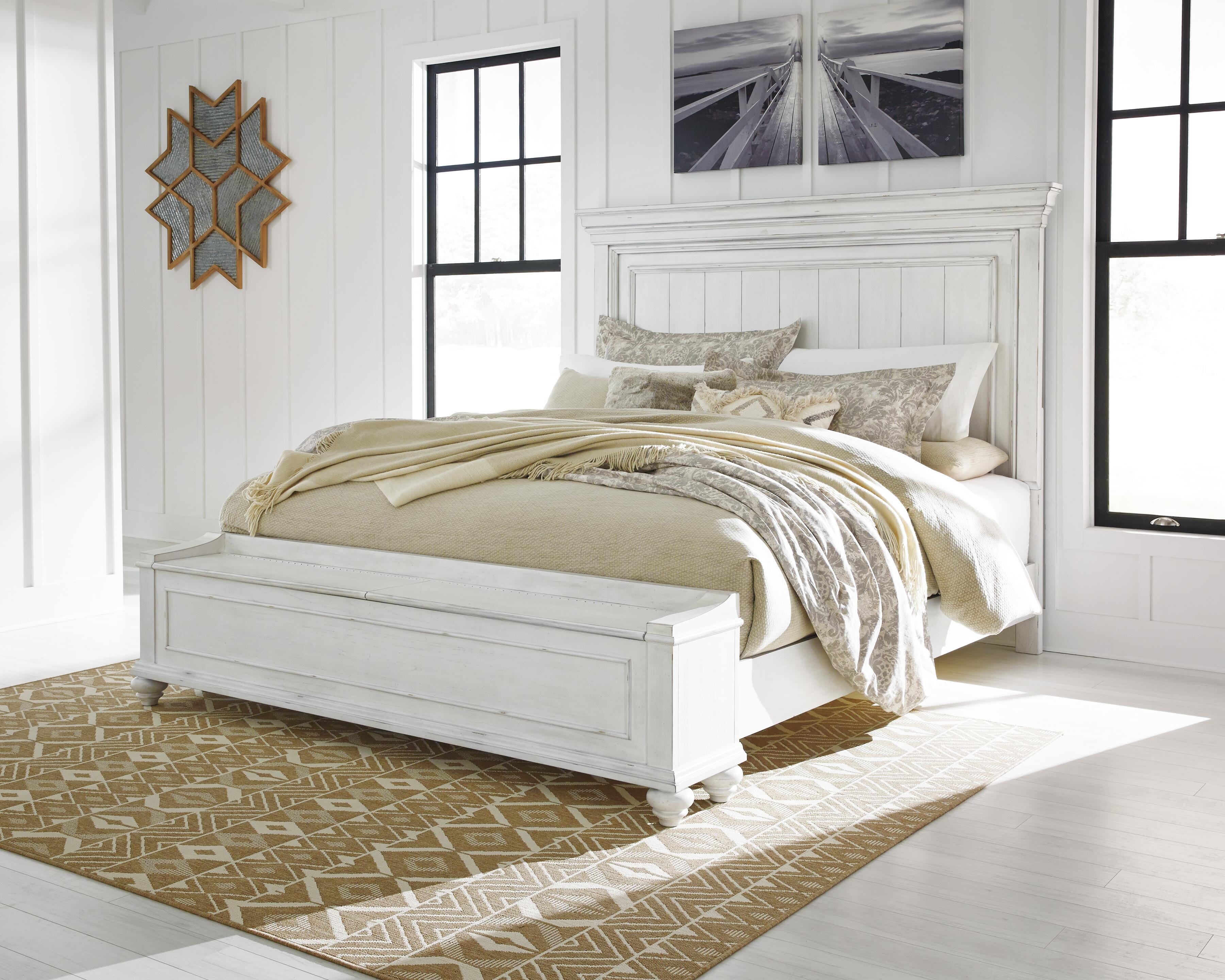 Dar Furniture - Ashley Furniture - Kanwyn California King Panel Bed with Storage Bench - California King Panel Bed with Storage Bench / Whitewash - B777B12