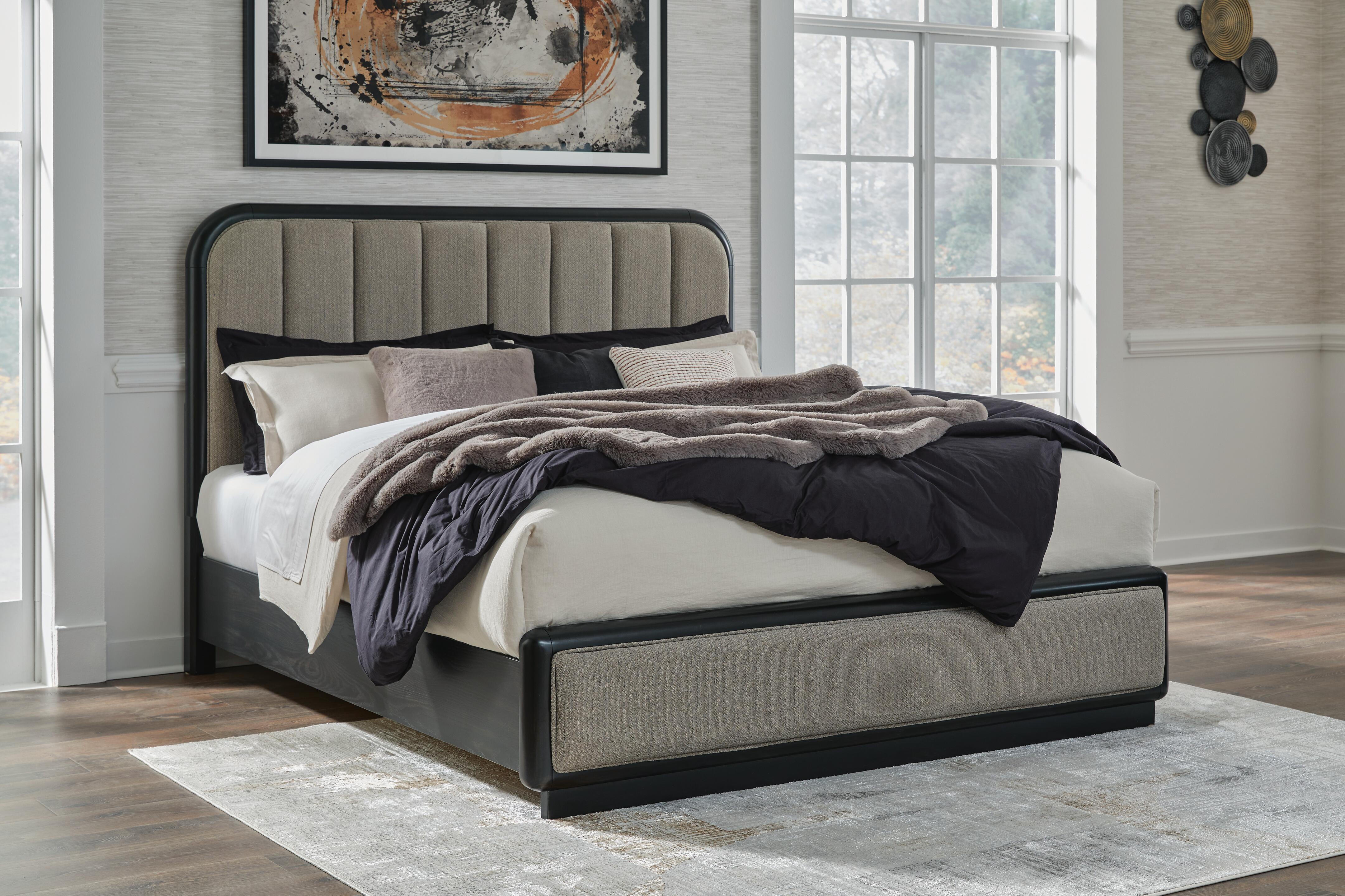 Dar Furniture - Ashley Furniture - Rowanbeck King Upholstered Panel Bed - King Upholstered Panel Bed / Gray/Black - B821B4