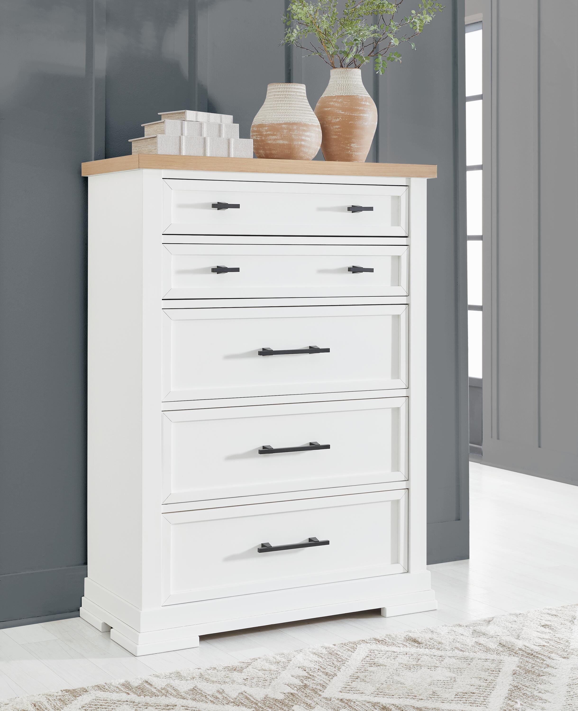 Dar Furniture - Ashley Furniture - Ashbryn Chest of Drawers - Five Drawer Chest / White/Natural - B844-46