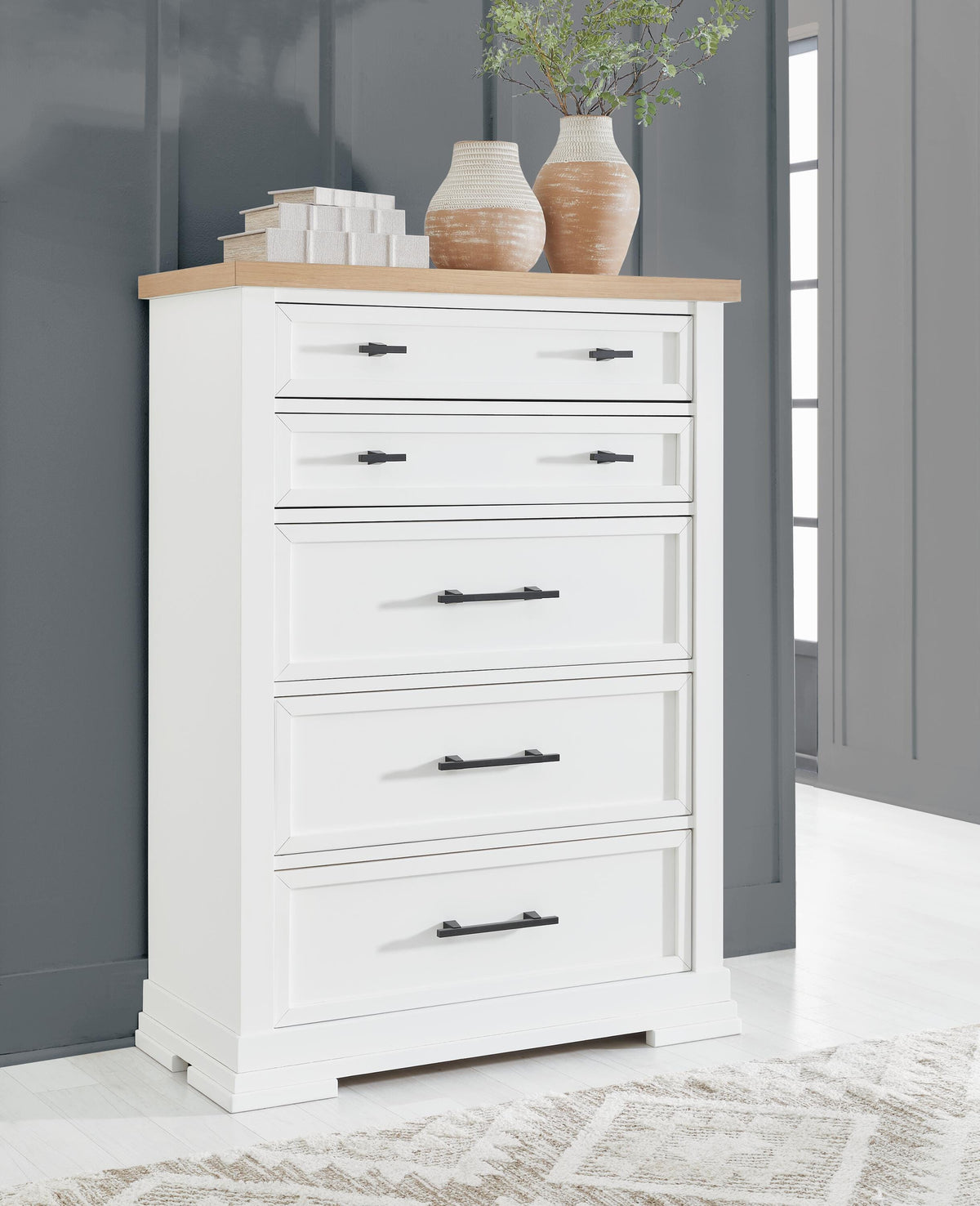 Dar Furniture - Ashley Furniture - Ashbryn Chest of Drawers - Five Drawer Chest / White/Natural - B844-46