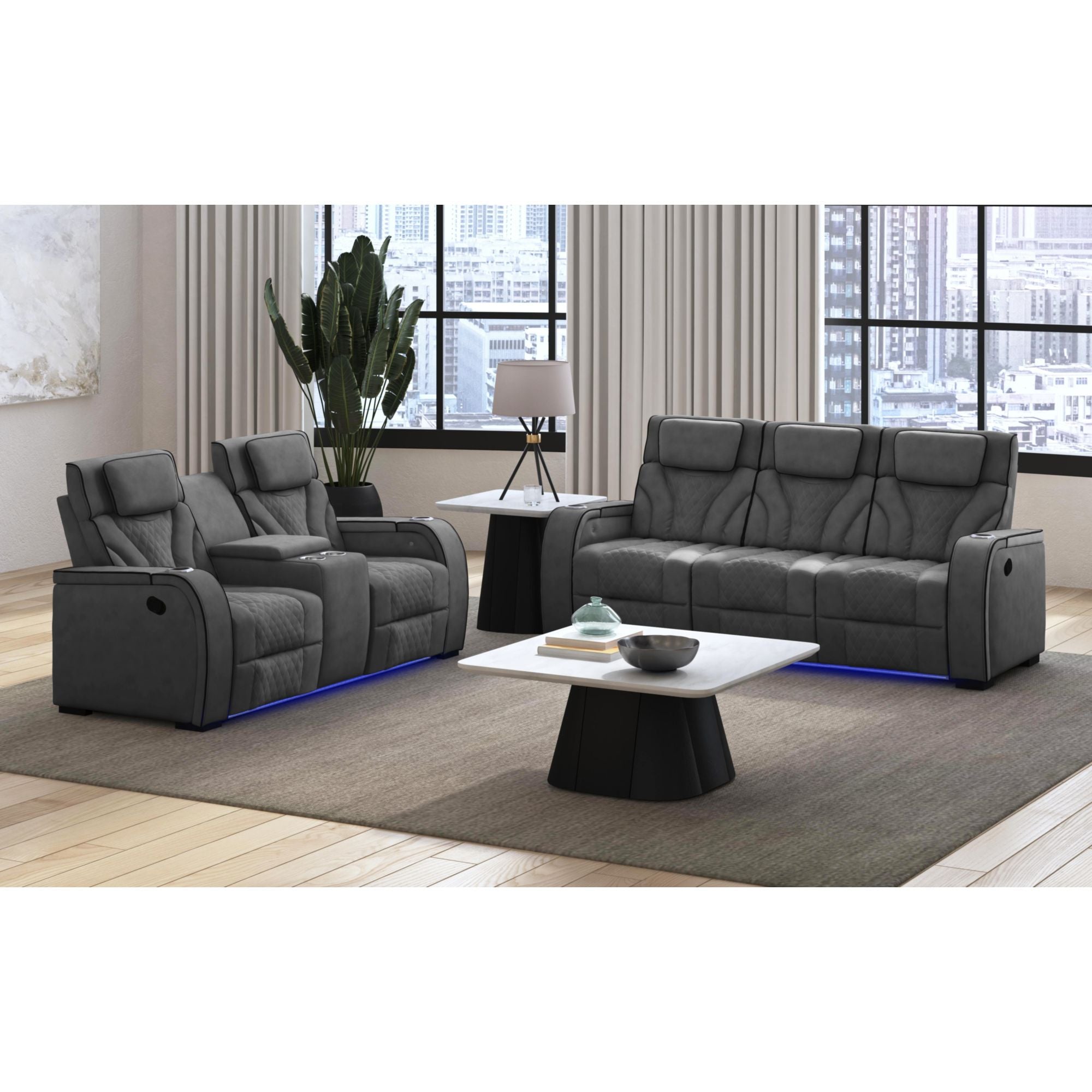 Blitz Motion Loveseat with Console, and LED in Simba Slate and Black Welt