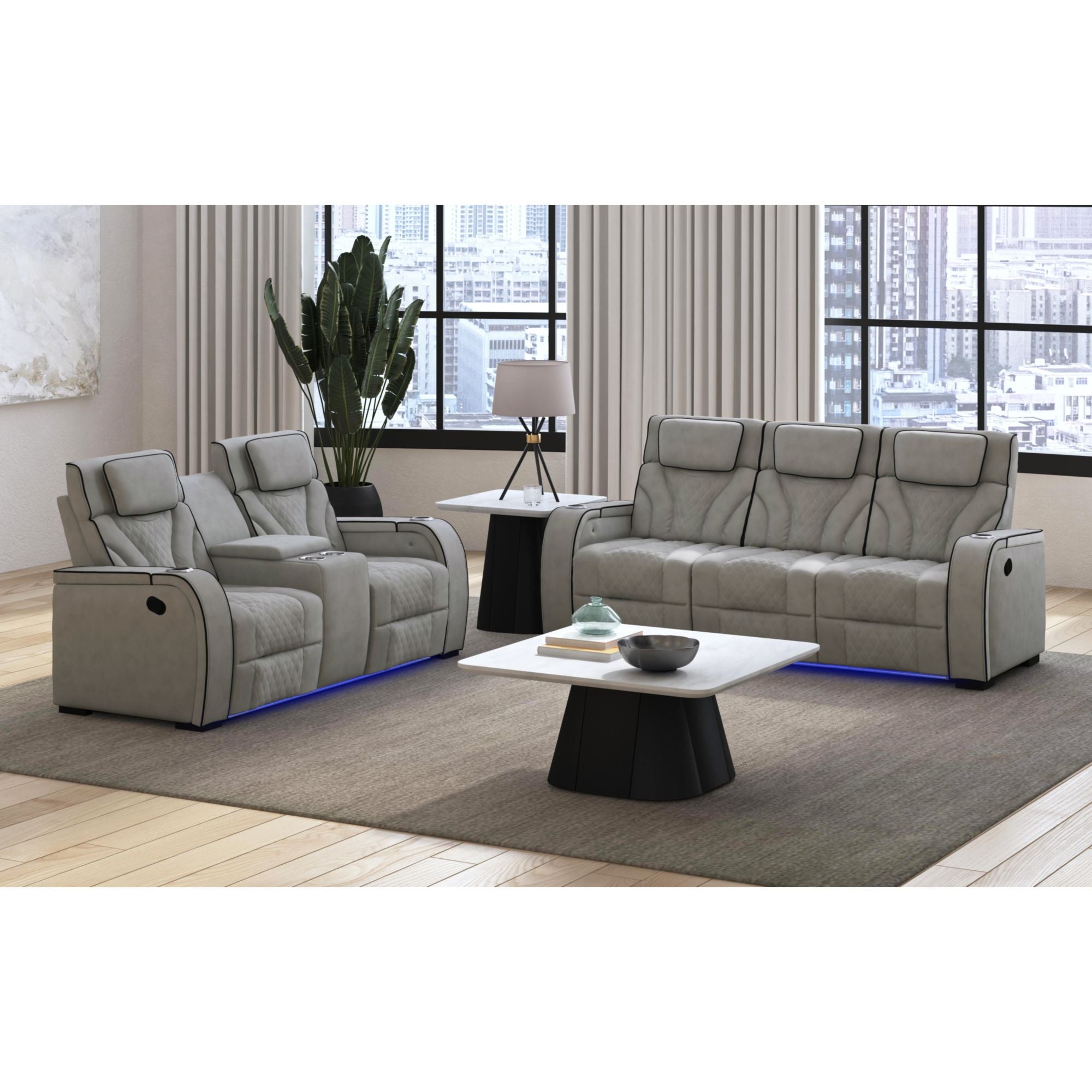Blitz Motion Sofa with DDT, Reading Light, Wireless Charger and LED in Simba Taupe and Black Welt