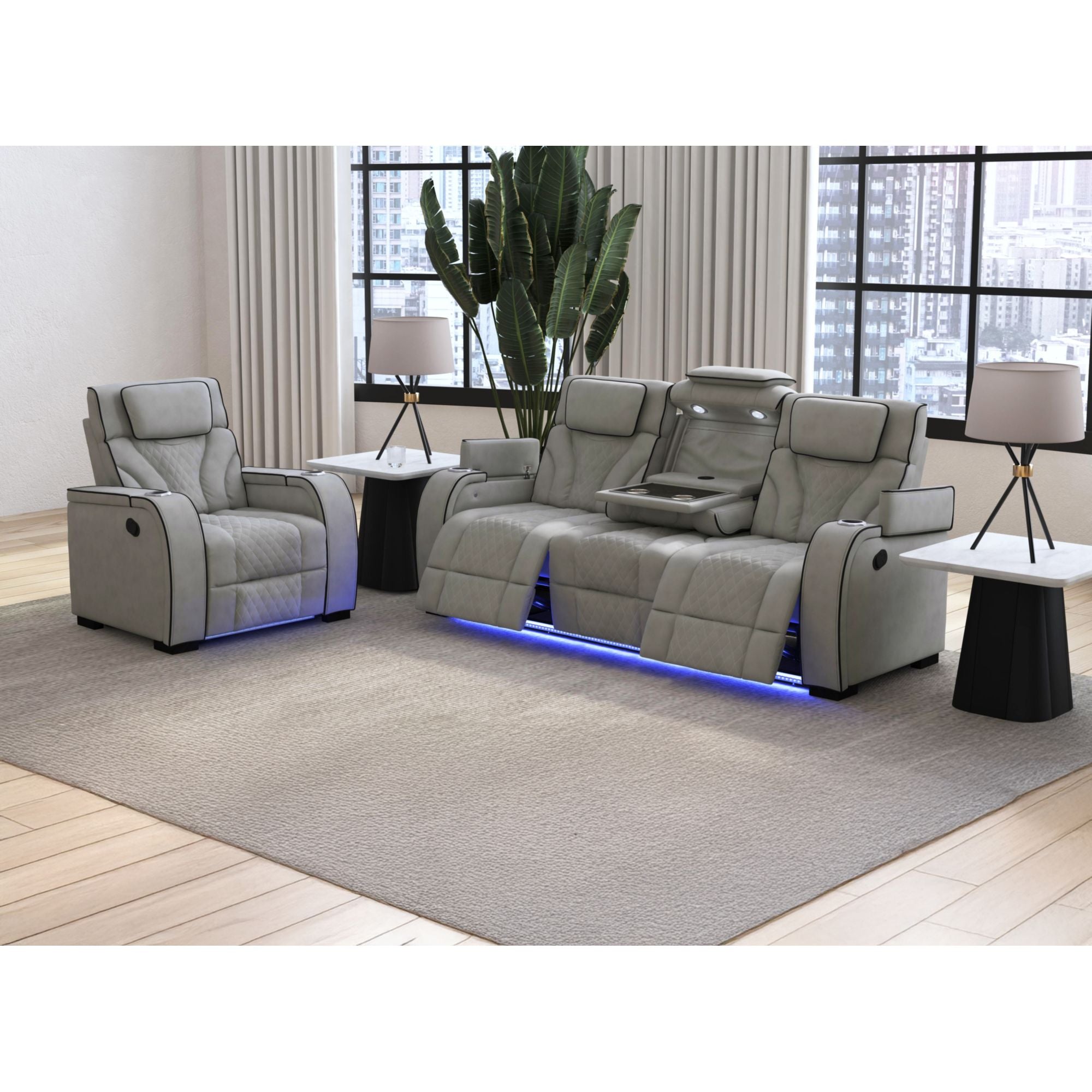Blitz Motion Sofa with DDT, Reading Light, Wireless Charger and LED in Simba Taupe and Black Welt