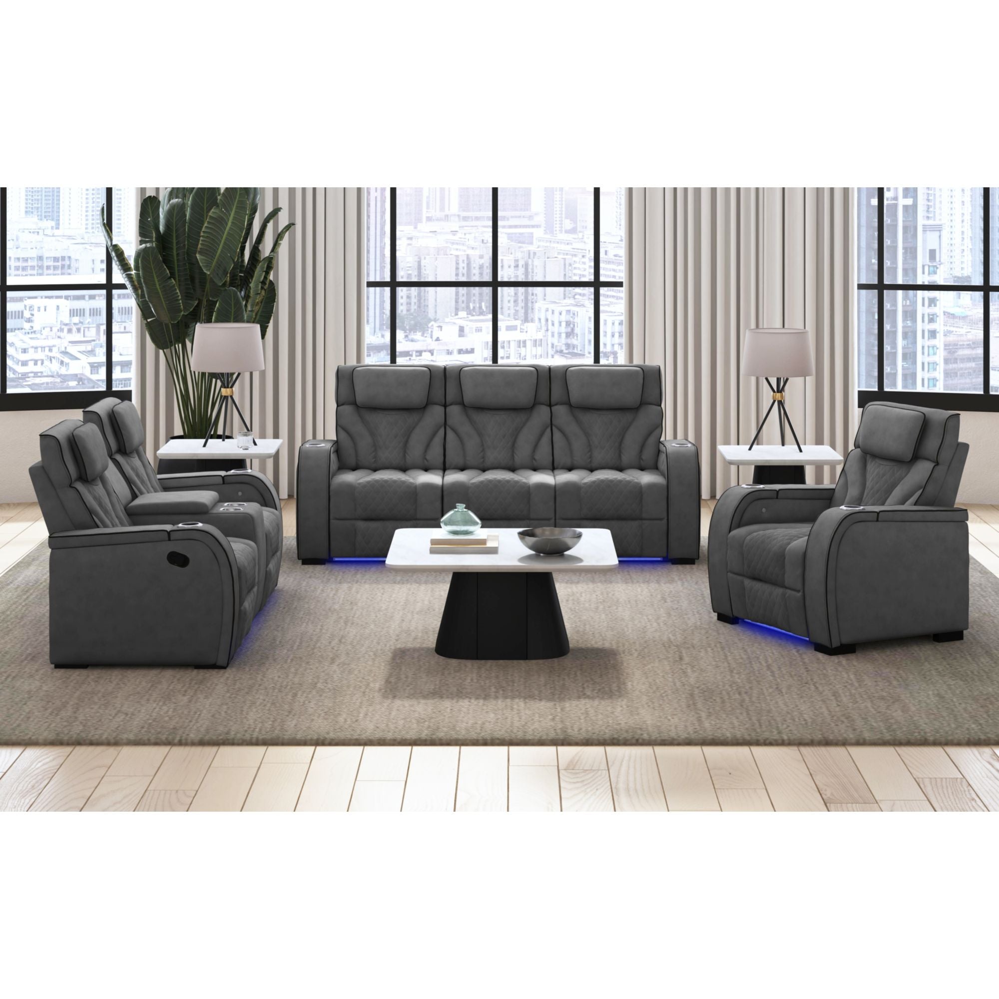 Blitz Motion Loveseat with Console, and LED in Simba Slate and Black Welt – SKU U-19190-11108-285 | Elements