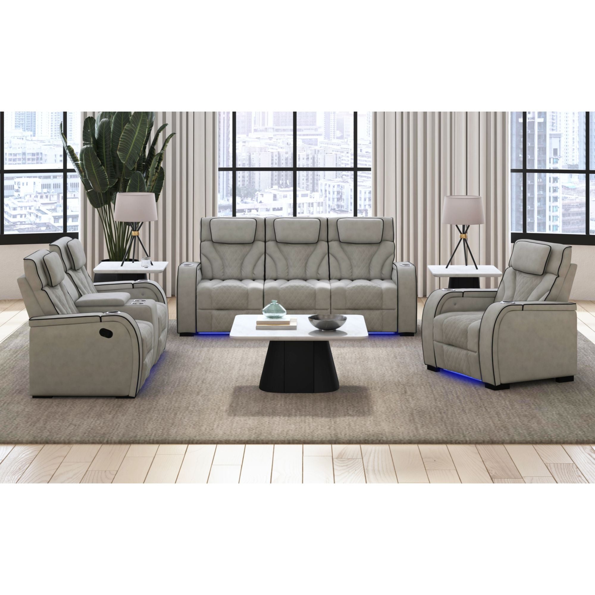 Blitz Motion Recliner with LED in Simba Taupe and Black Welt – SKU U-19190-11107-105 | Elements