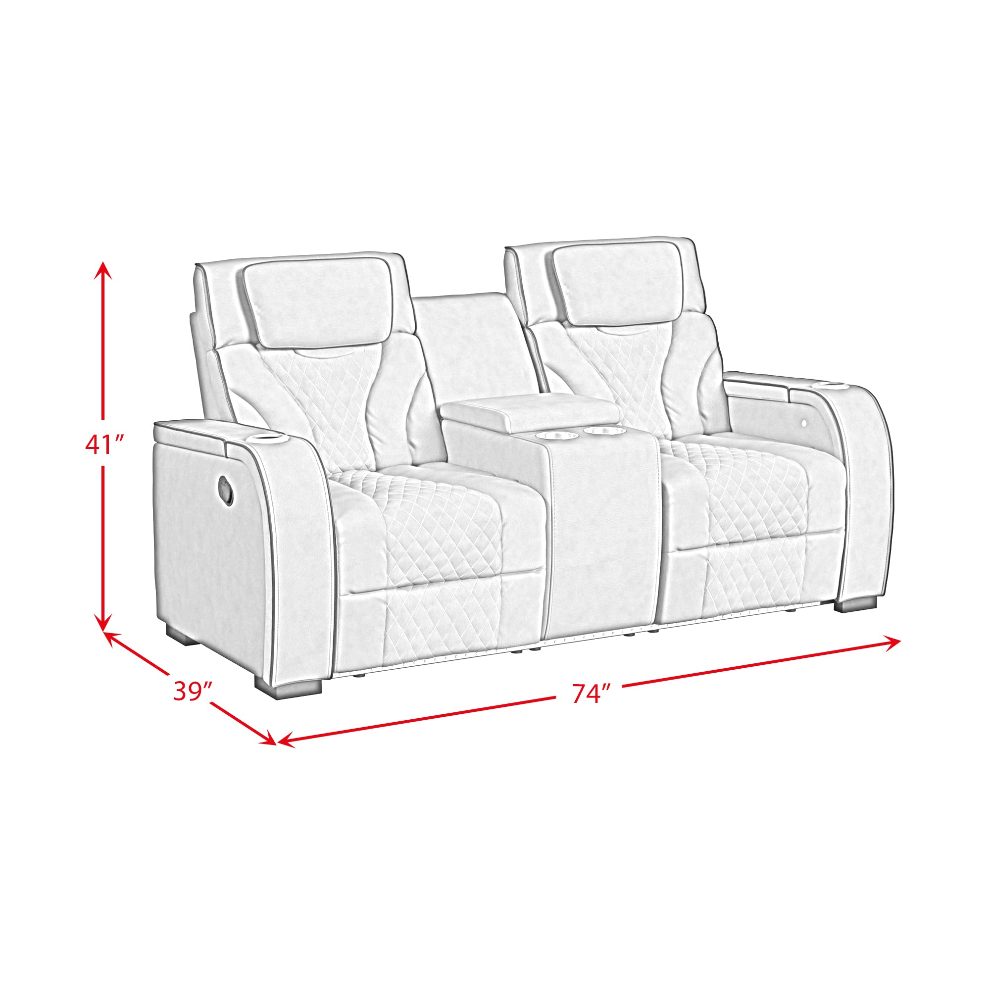 Blitz Motion Loveseat with Console, and LED in Simba Slate and Black Welt