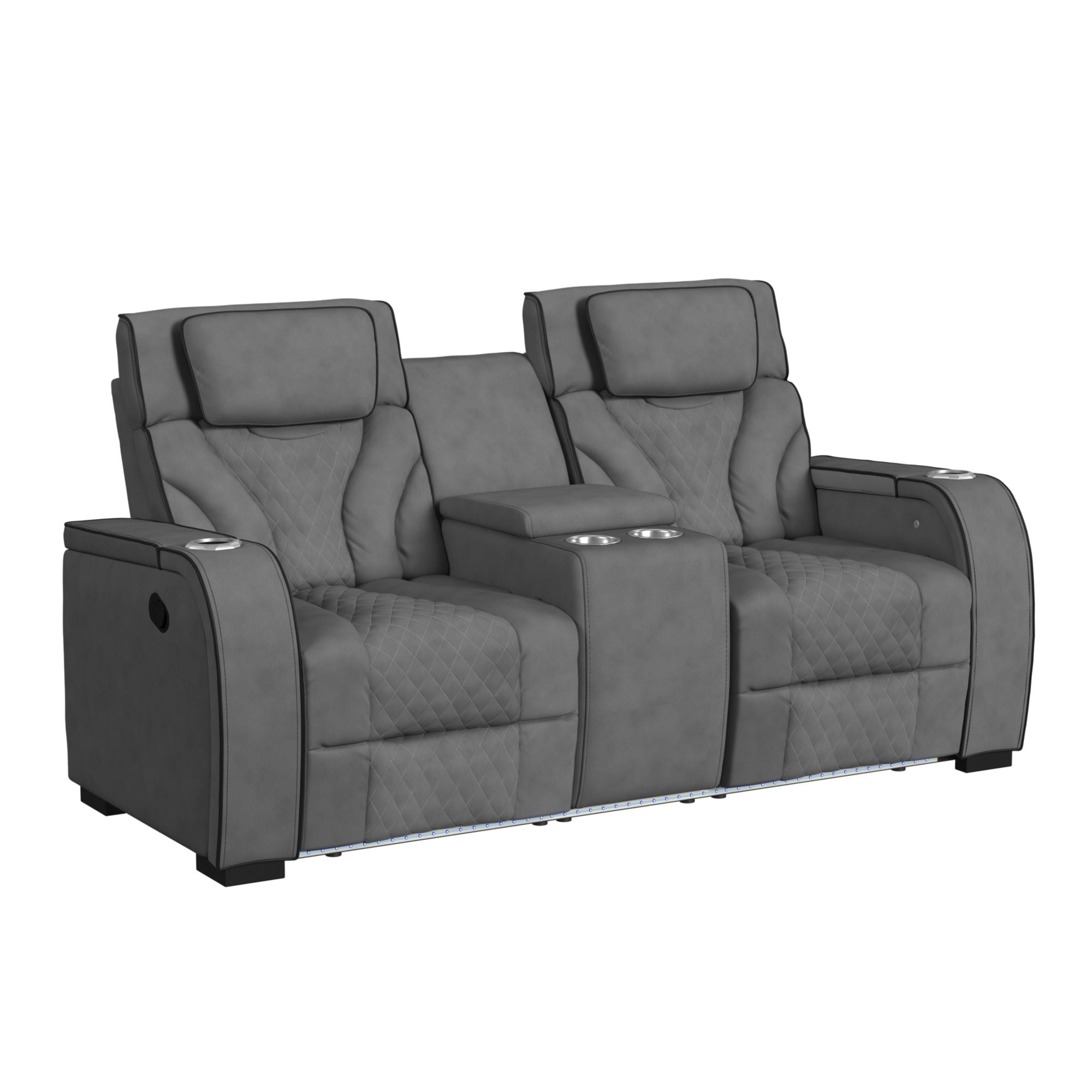 Blitz Motion Loveseat with Console, and LED in Simba Slate and Black Welt