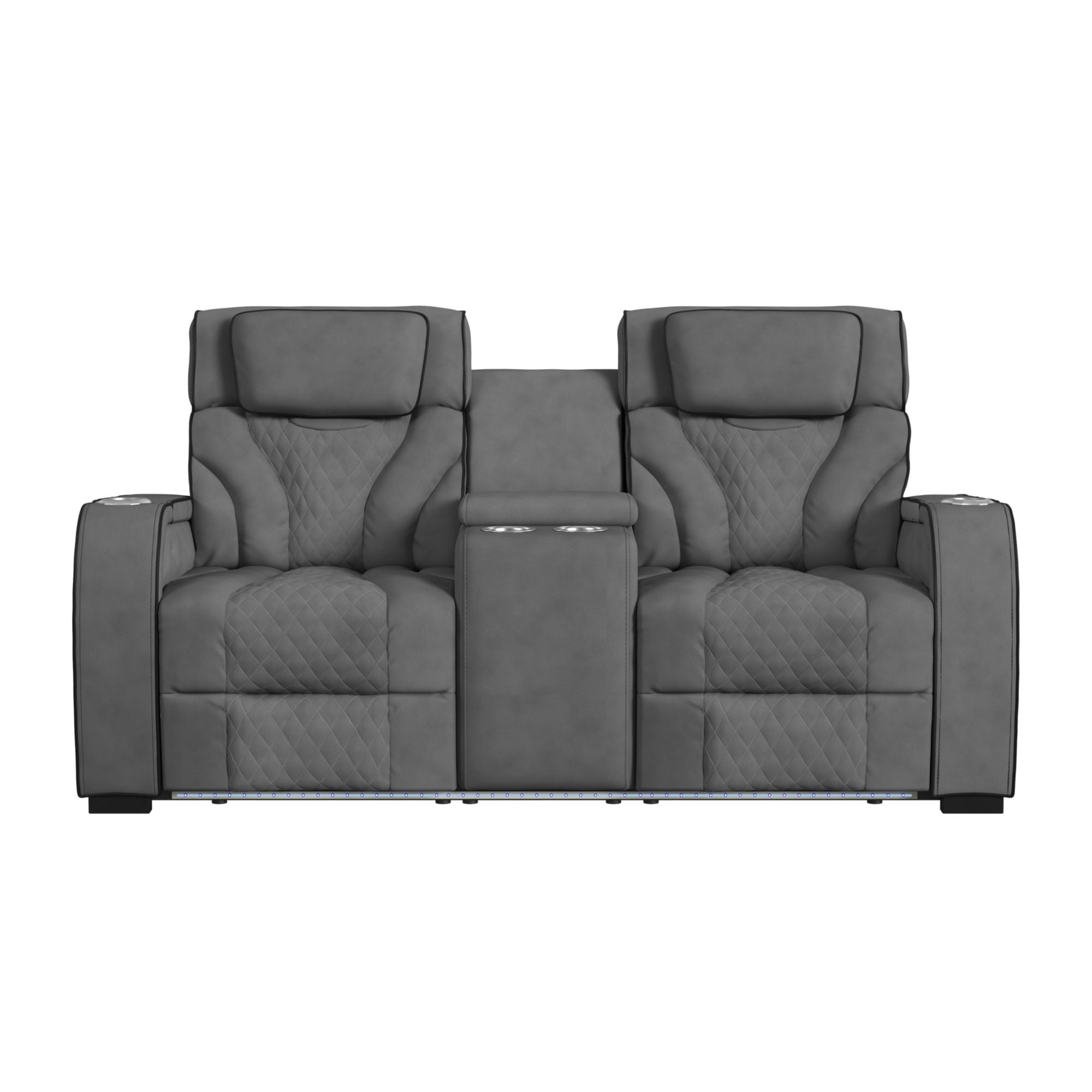 Blitz Motion Loveseat with Console, and LED in Simba Slate and Black Welt