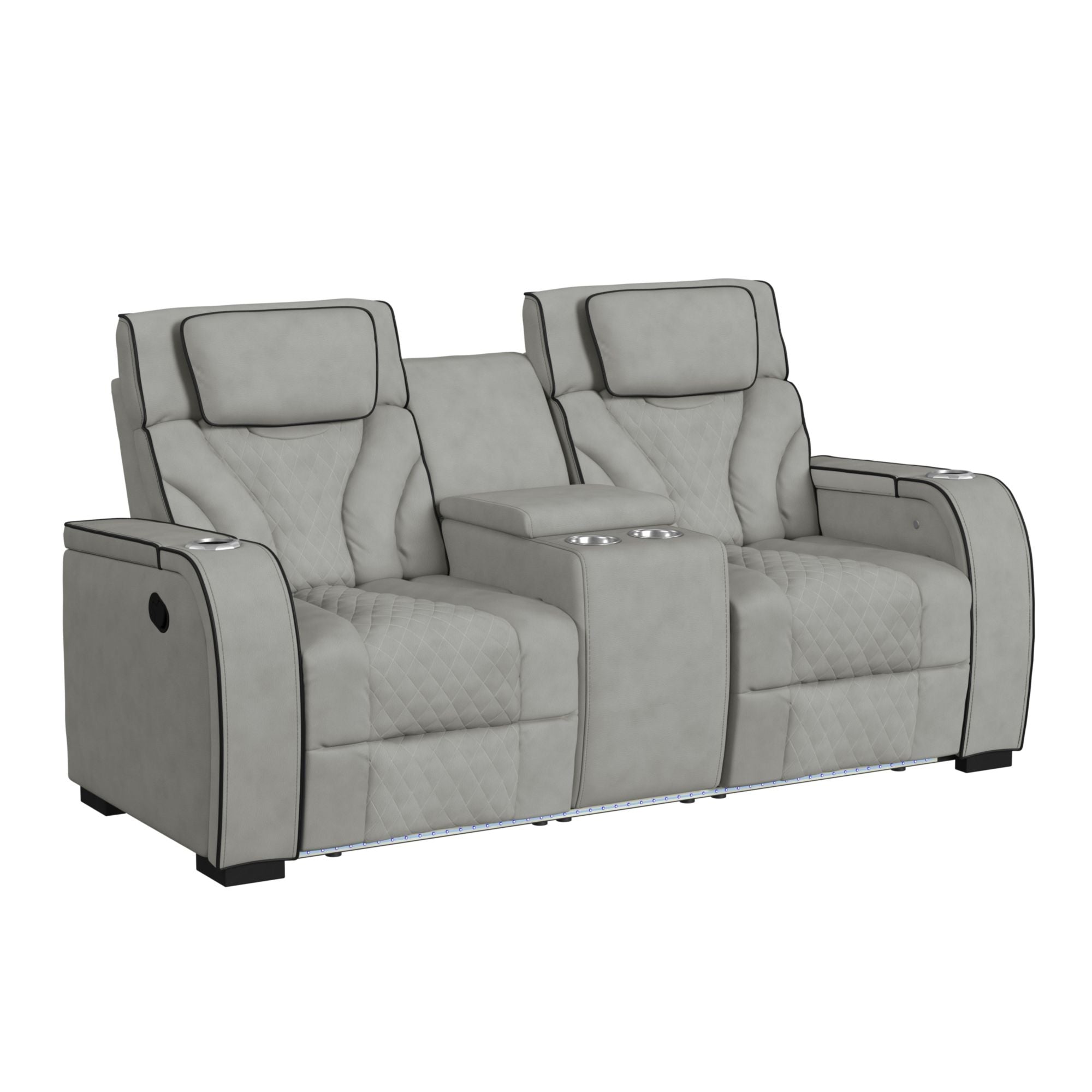 Blitz Motion Loveseat with Console, and LED in Simba Taupe and Black Welt
