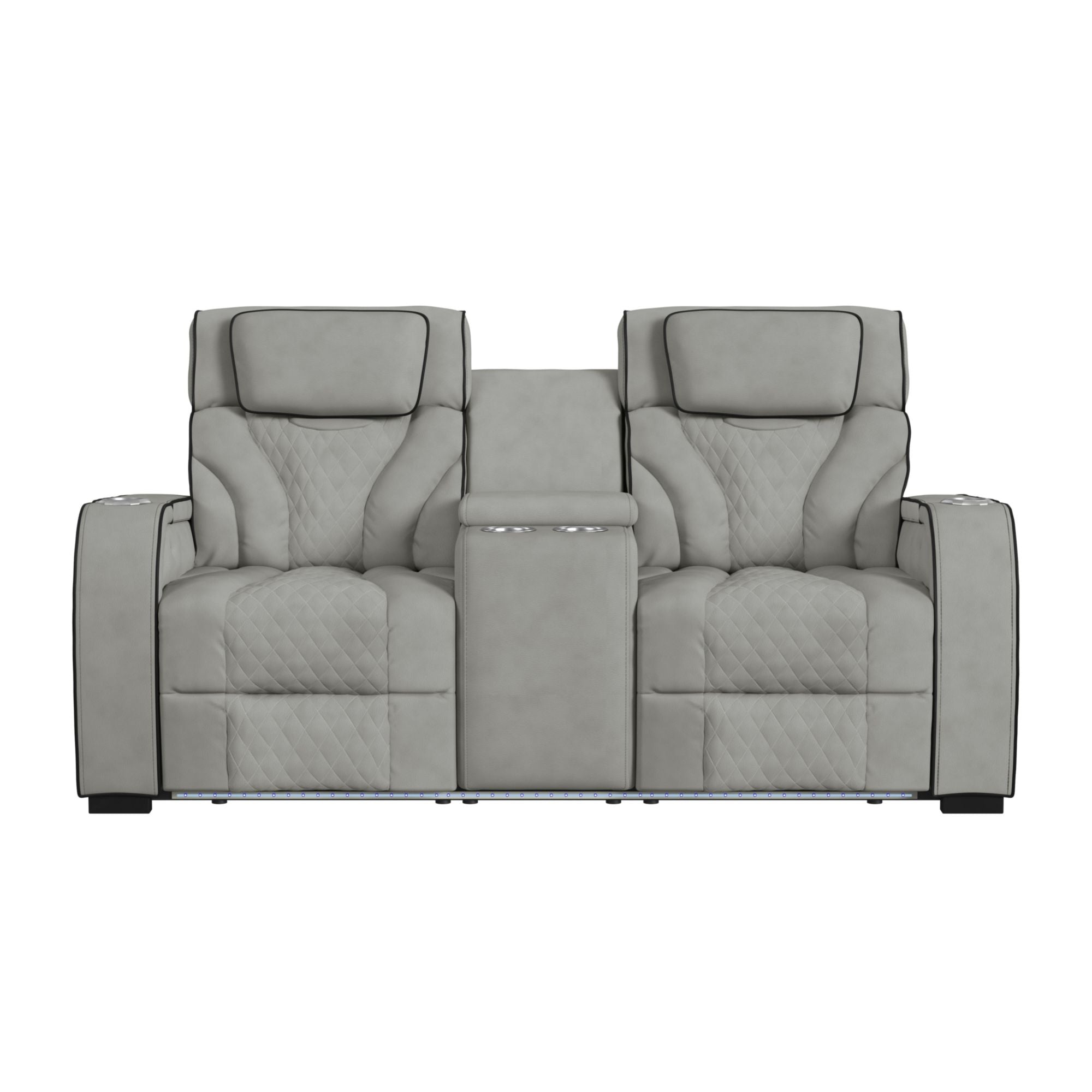 Blitz Motion Loveseat with Console, and LED in Simba Taupe and Black Welt
