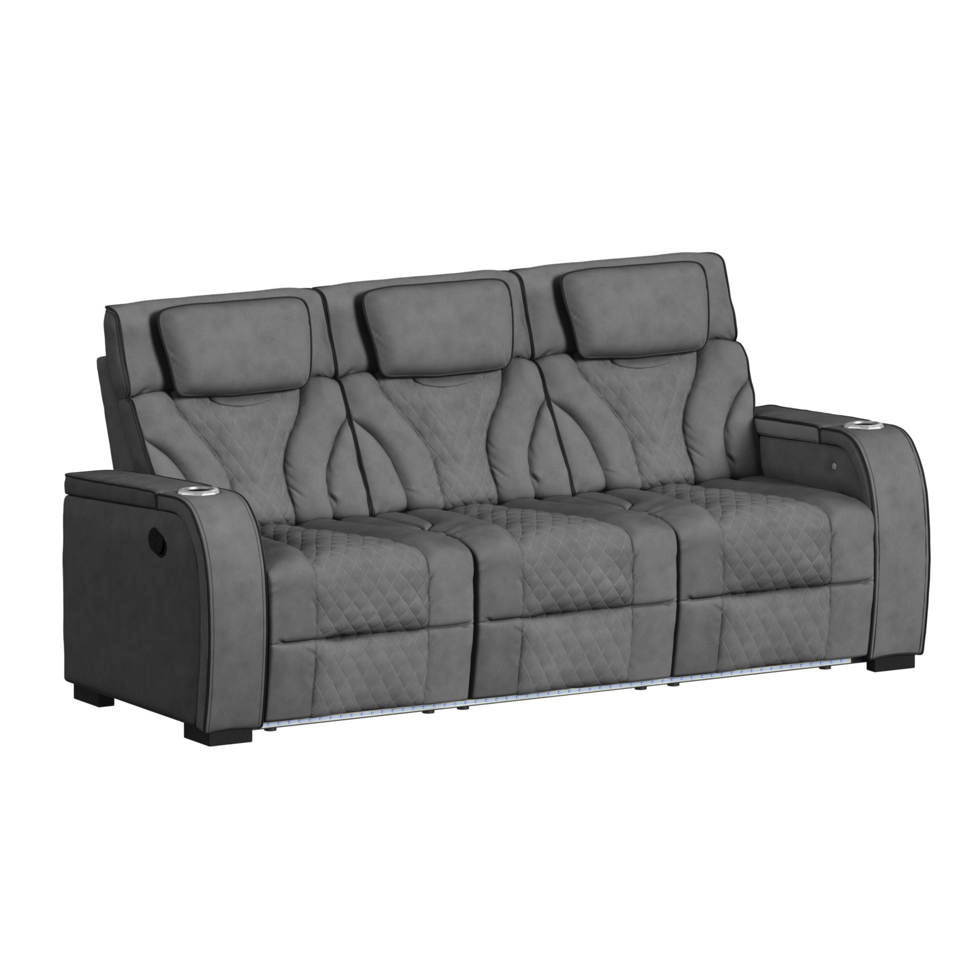 Blitz Motion Sofa with DDT, Reading Light, Wireless Charger and LED in Simba Slate and Black Welt