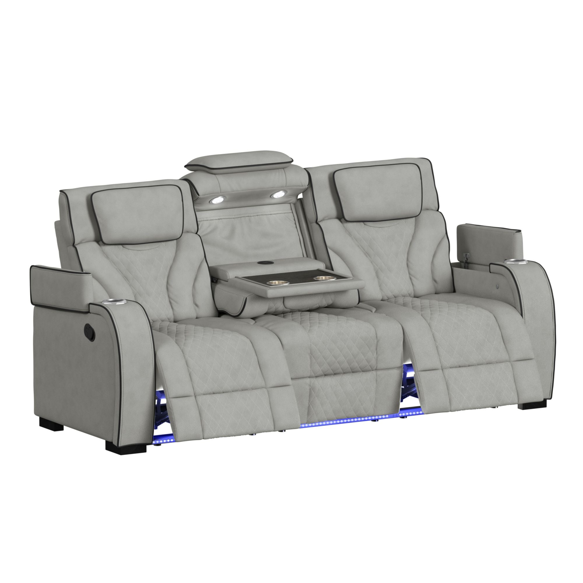 Blitz Motion Sofa with DDT, Reading Light, Wireless Charger and LED in Simba Taupe and Black Welt