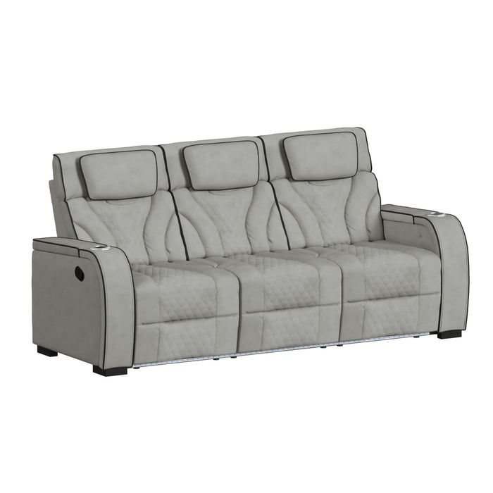 Blitz Motion Sofa with DDT, Reading Light, Wireless Charger and LED in Simba Taupe and Black Welt