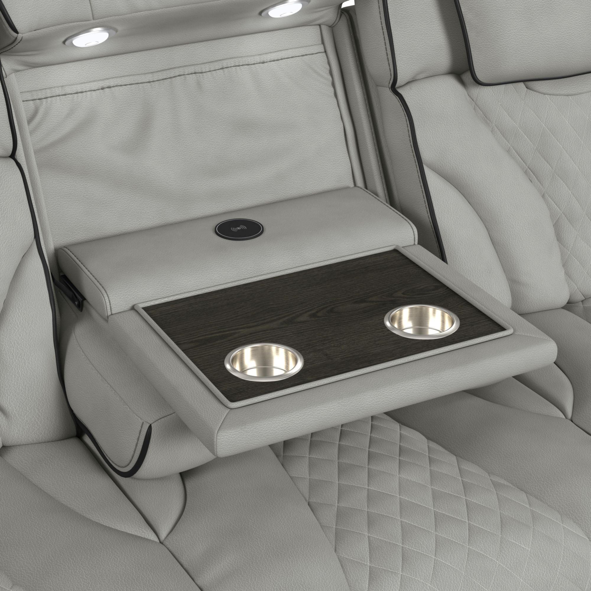 Blitz Motion Sofa with DDT, Reading Light, Wireless Charger and LED in Simba Taupe and Black Welt