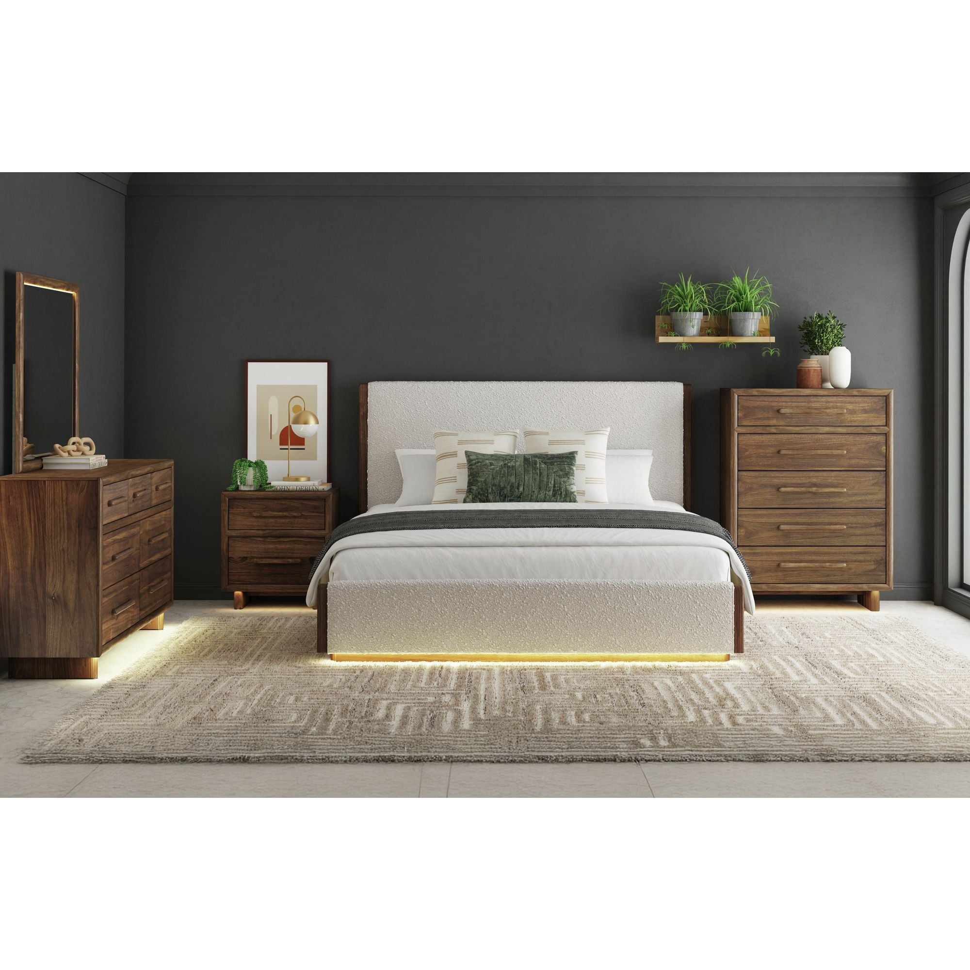 Brisbane King UPH Bed with Boucle Beige and LED in Brown – SKU B-16760-5-KUB | Elements