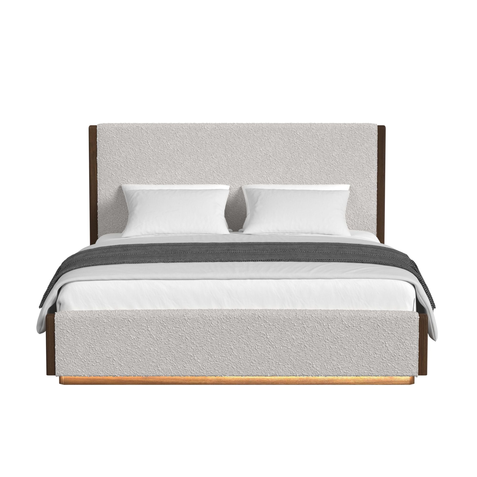 Brisbane King UPH Bed with Boucle Beige and LED in Brown
