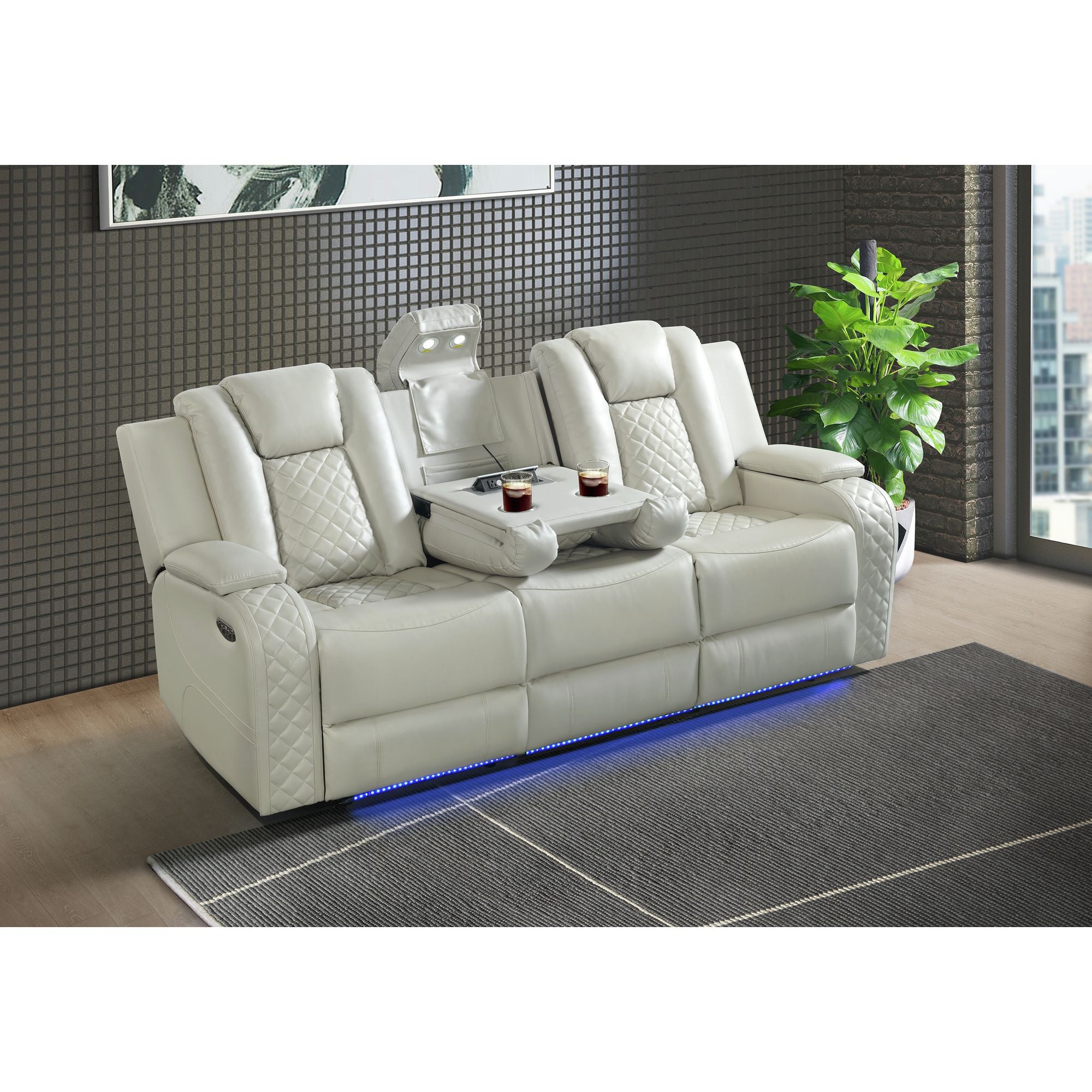 Carlo Power Motion Sofa with Power Headrest, Dropdown Table, Power strip, led and reading light in Pebble Oyster