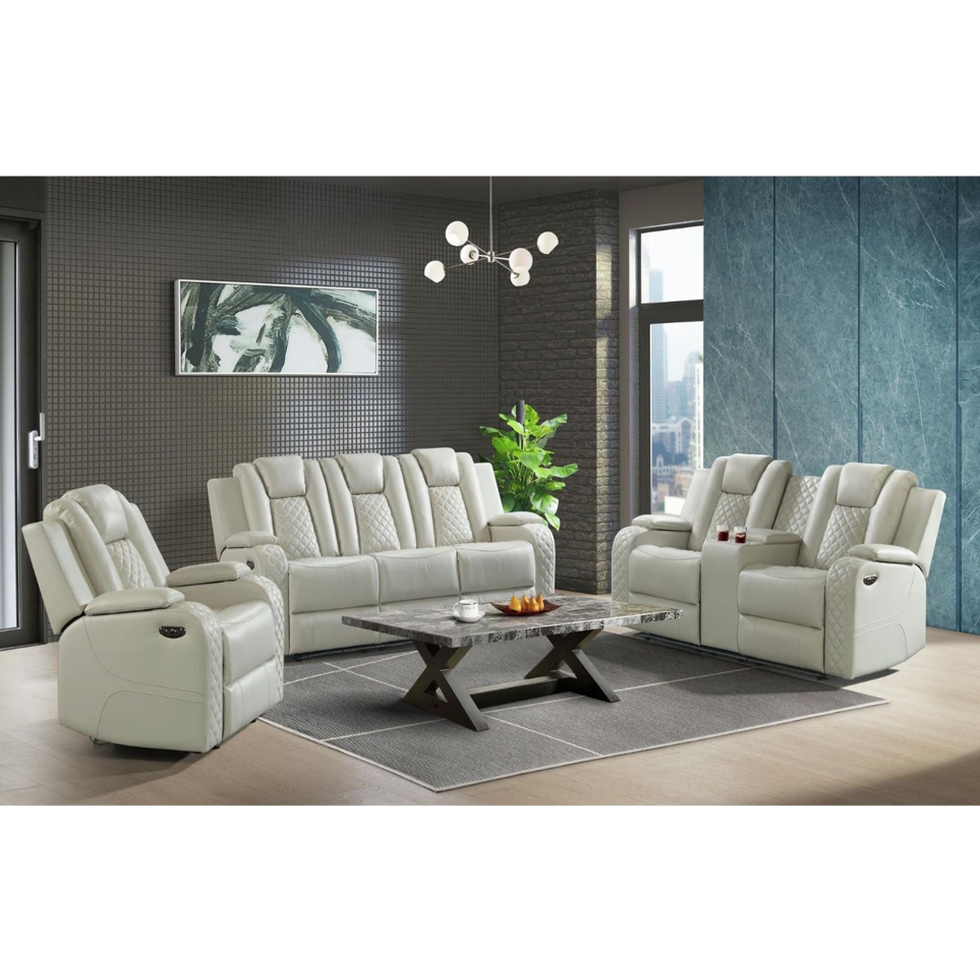 Carlo Power Motion Sofa with Power Headrest, Dropdown Table, Power strip, led and reading light in Pebble Oyster – SKU U-8900-8205-308PP | Elements