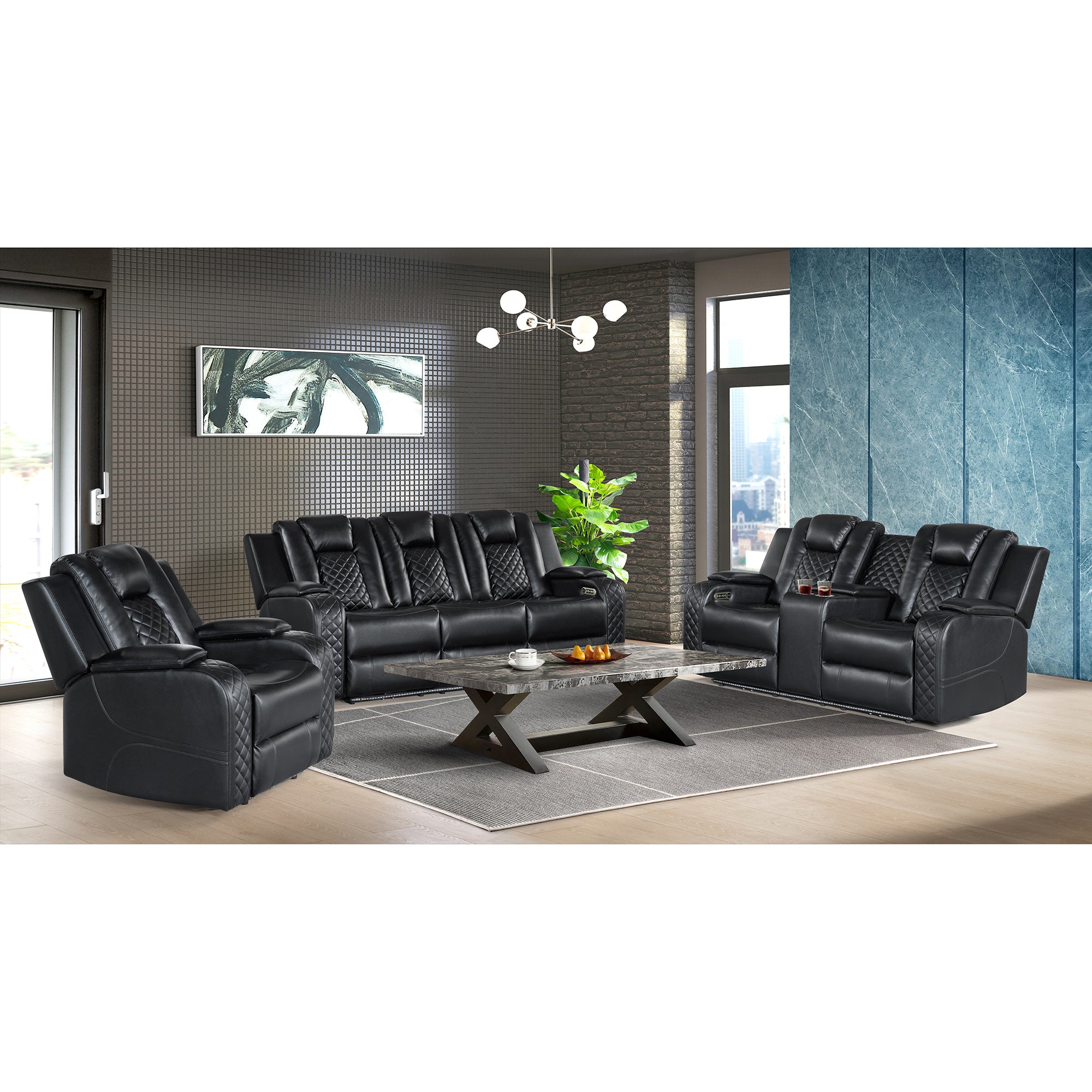 Carlo Power Motion Loveseat with Power Headrest, Console and LED in Pebble Black – SKU U-8900-8206-285PP | Elements