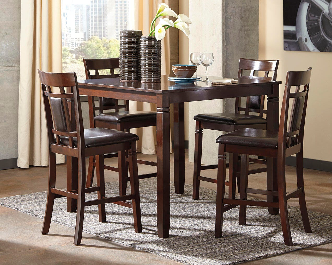 Dar Furniture - Ashley Furniture - Bennox Counter Height Dining Table and Bar Stools (Set of 5) - DRM Counter Table Set (5/CN) / Brown - D384-223