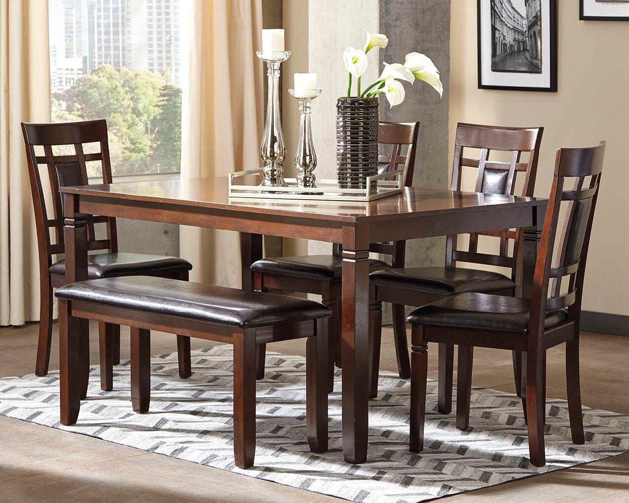 Dar Furniture - Ashley Furniture - Bennox Dining Table and Chairs with Bench (Set of 6) - Dining Room Table Set (6/CN) / Brown - D384-325