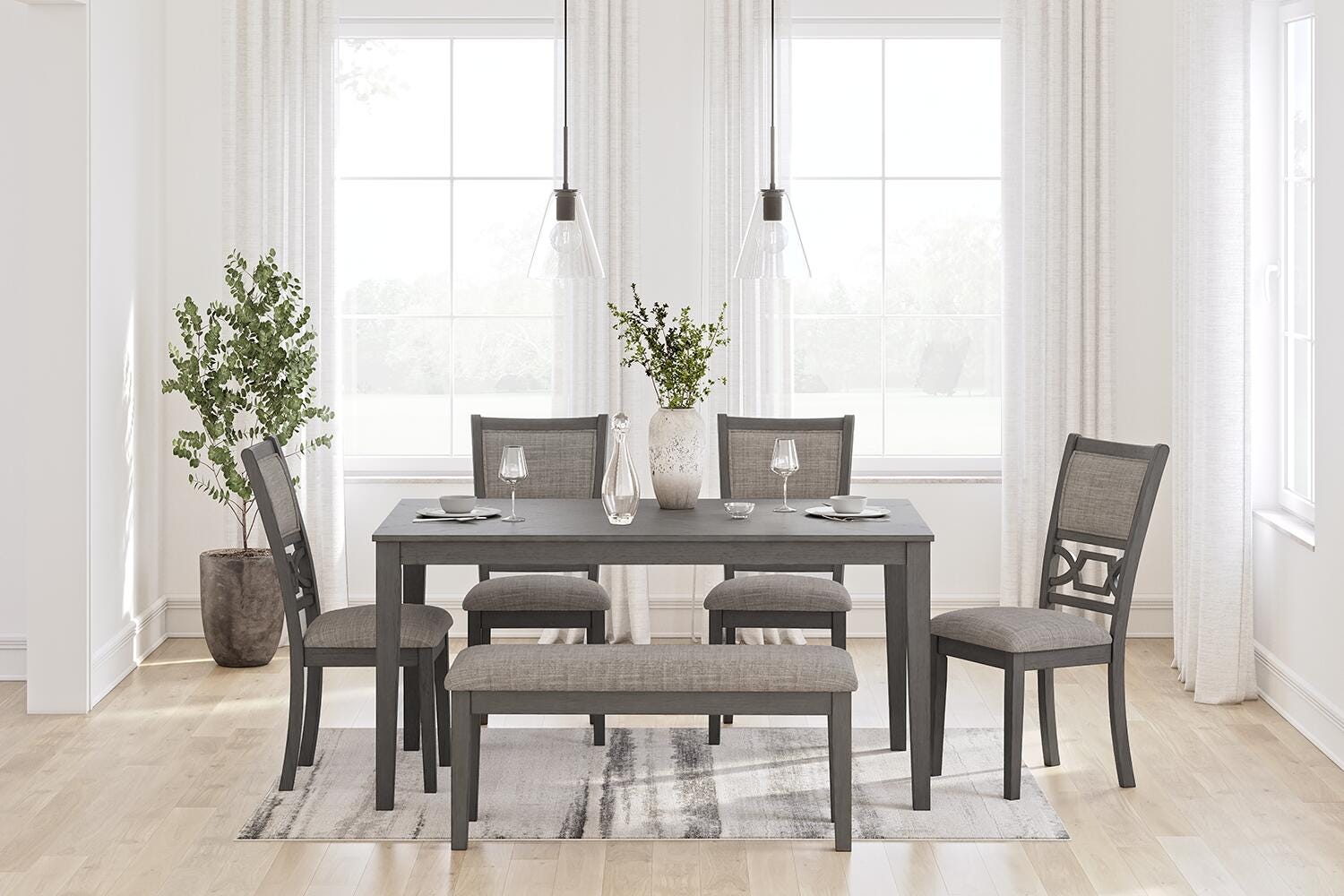 Dar Furniture - Ashley Furniture - Wrenning Dining Table and 4 Chairs and Bench (Set of 6) - Dining Room Table Set (6/CN) / Gray - D425-325