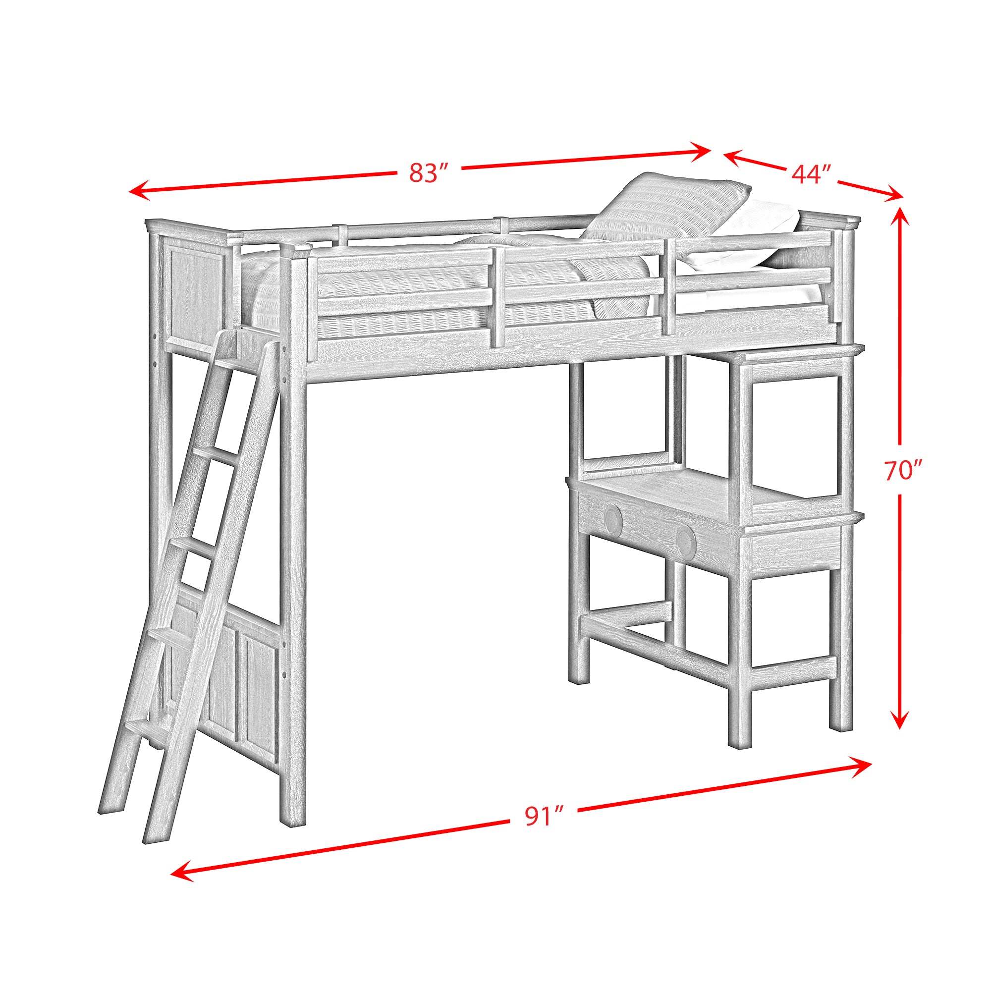Hampton Kids Twin Loft with Ladder and Desk with Speaker in Charcoal