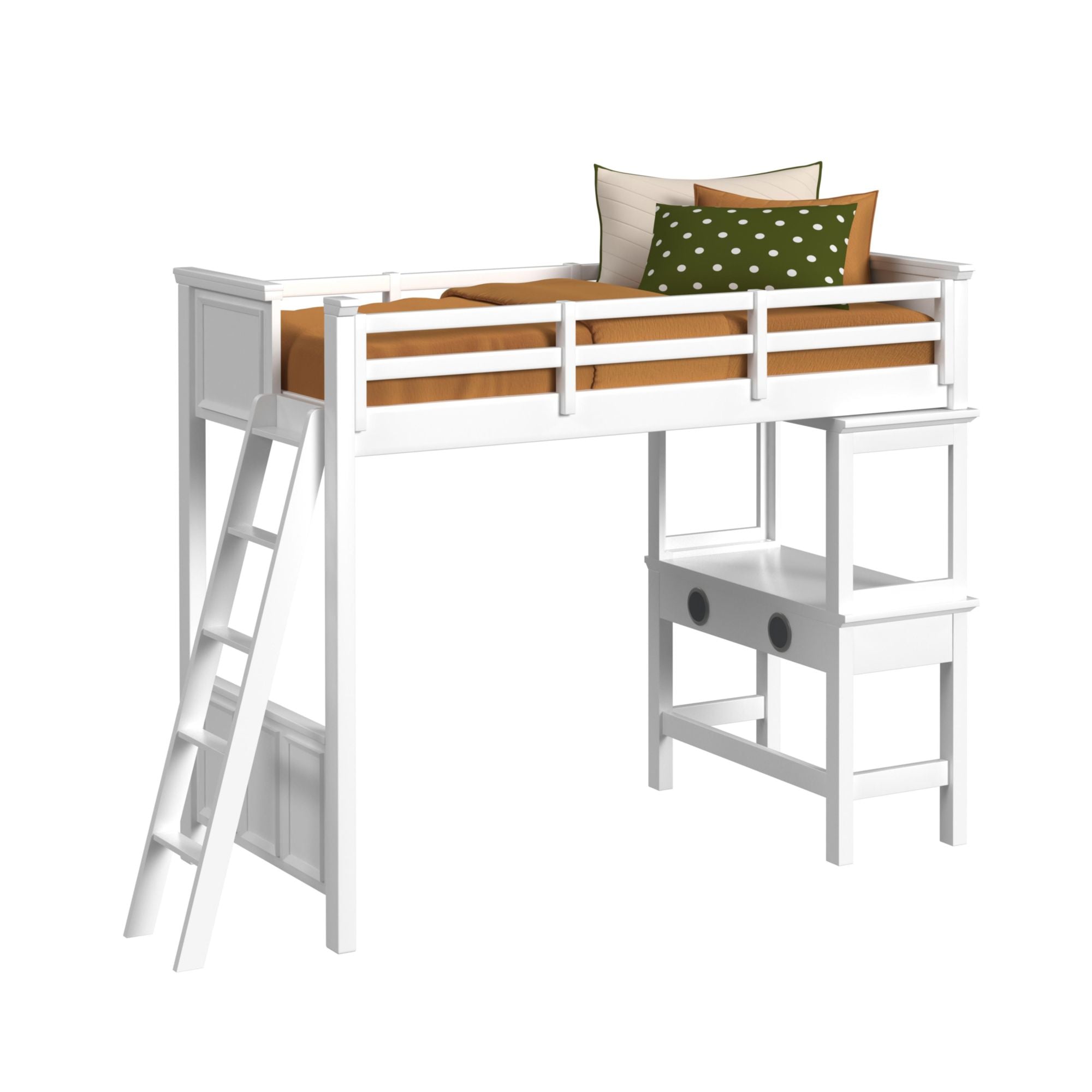 Hampton Kids Twin Loft with Ladder and Desk with Speaker in White