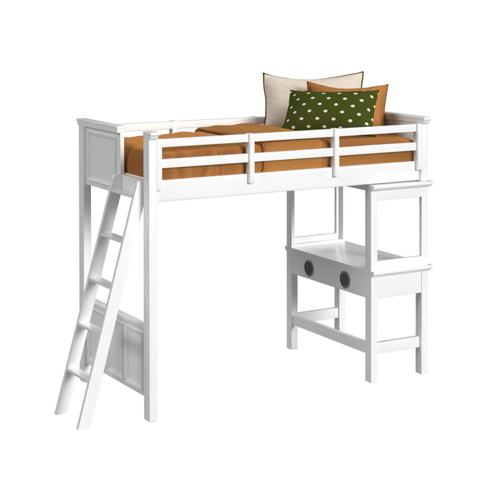 Hampton Kids Twin Loft with Ladder and Desk with Speaker in White