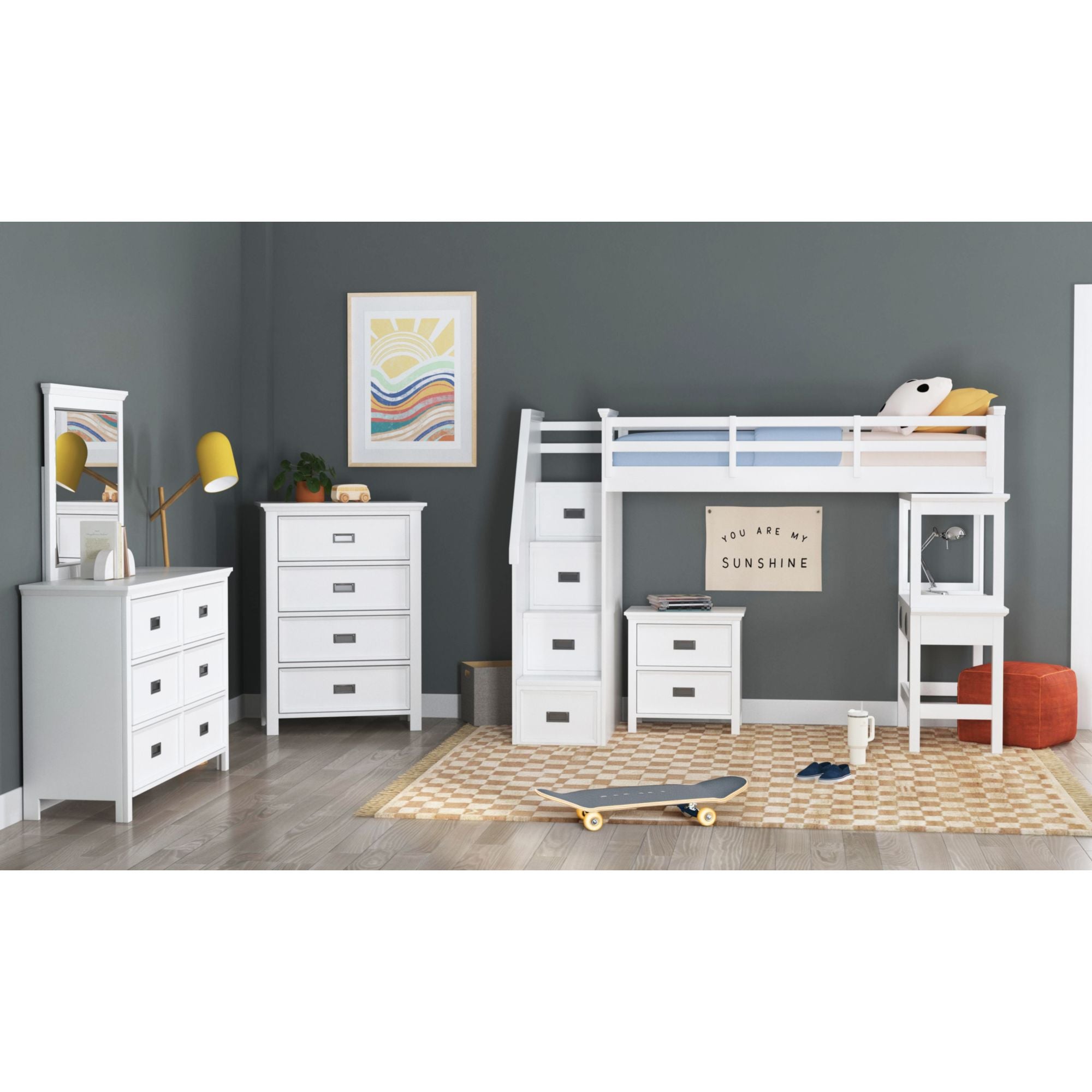Hampton Kids Twin Loft with Staircase and Desk with Speaker in White – SKU Y-15760-7-L2 | Elements