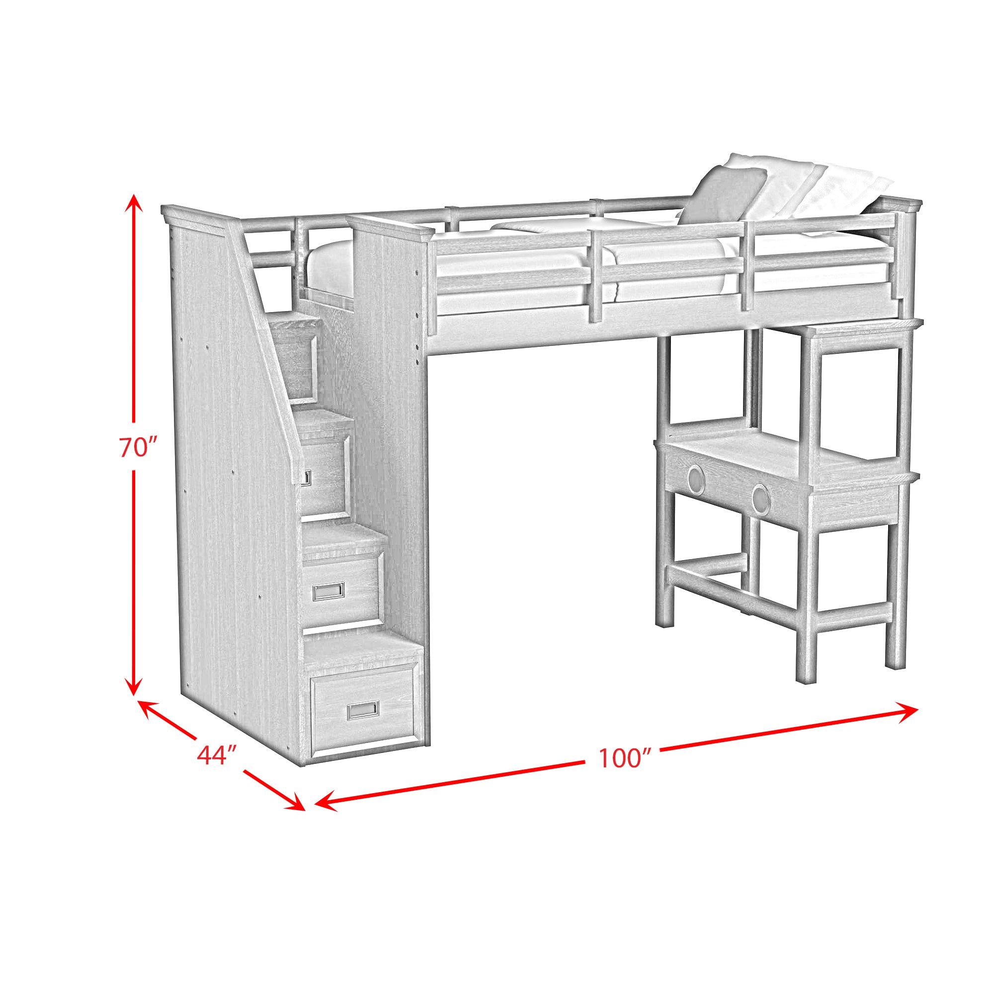 Hampton Kids Twin Loft with Staircase and Desk with Speaker in White