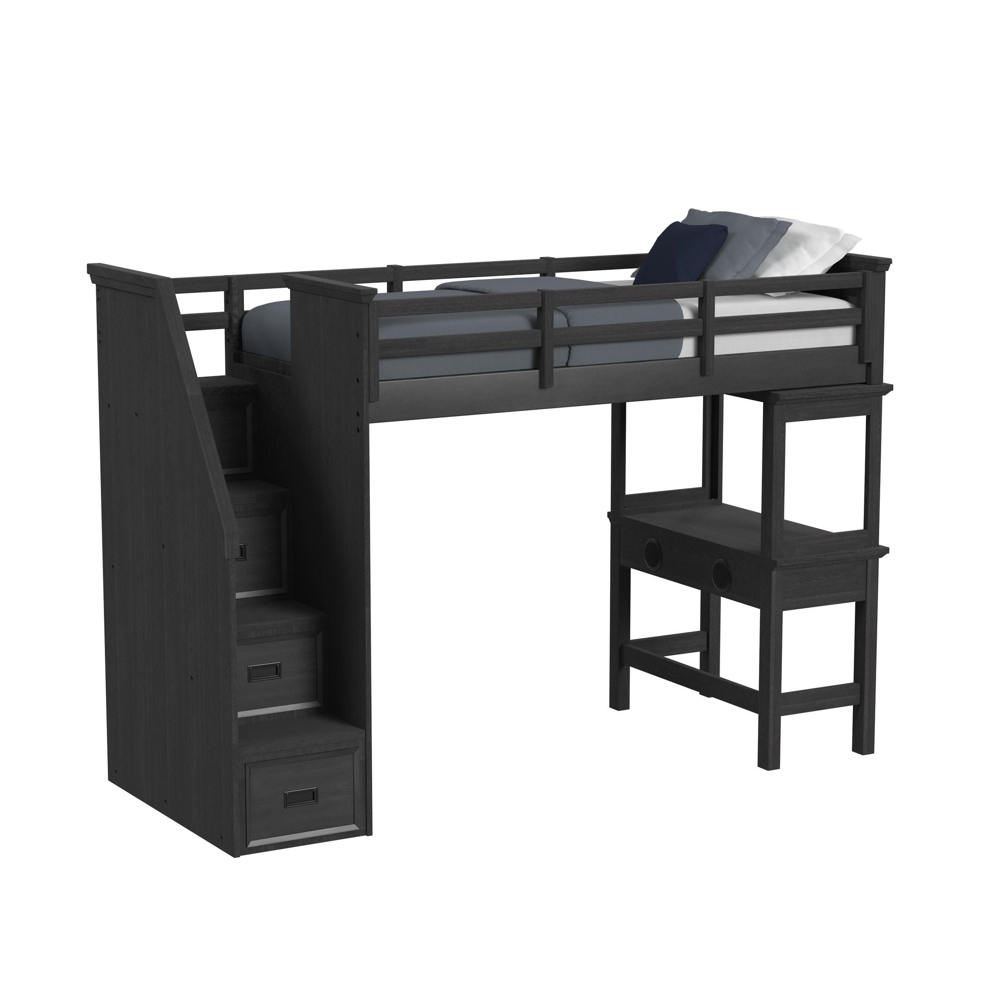 Hampton Kids Twin Loft with Staircase and Desk with Speaker in Charcoal