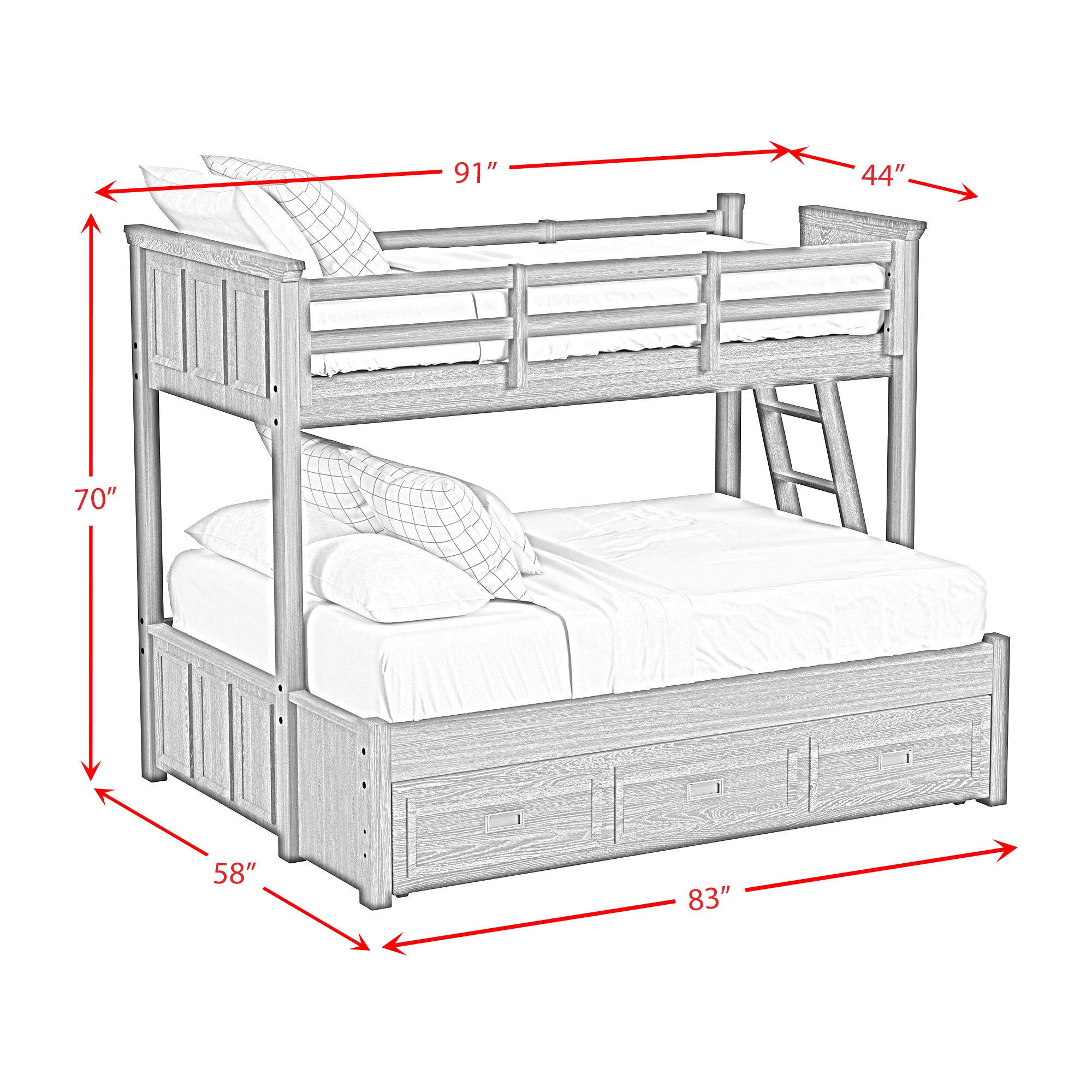 Hampton Kids Twin Over Full Bunk with Ladder and Trundle in Charcoal