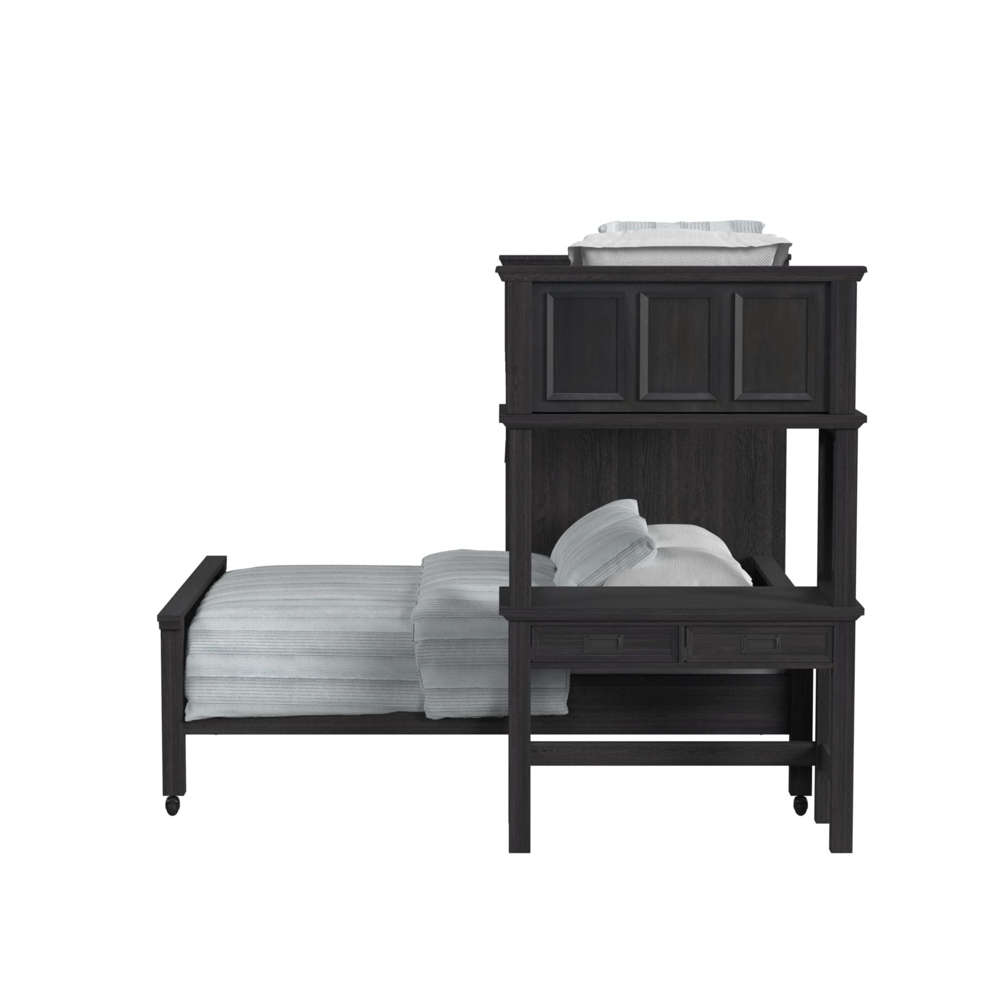Hampton Kids Twin Over Full Loft with Staircase and Desk with Speaker in Charcoal