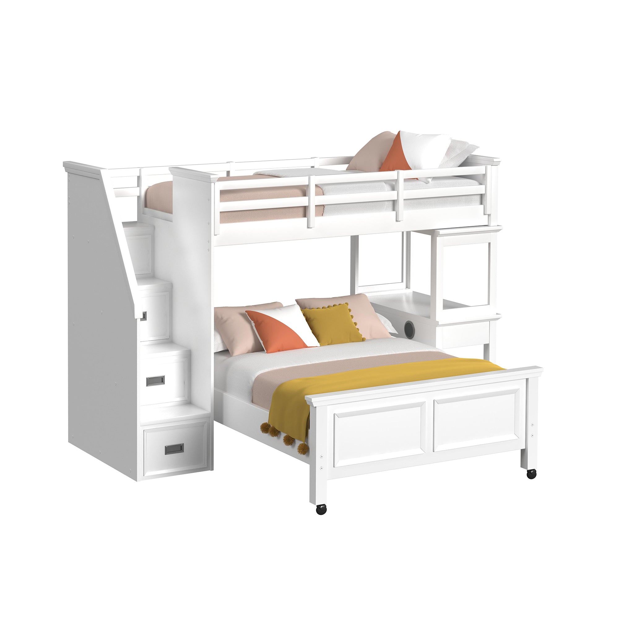 Hampton Kids Twin Over Full Loft with Staircase and Desk with Speaker in White
